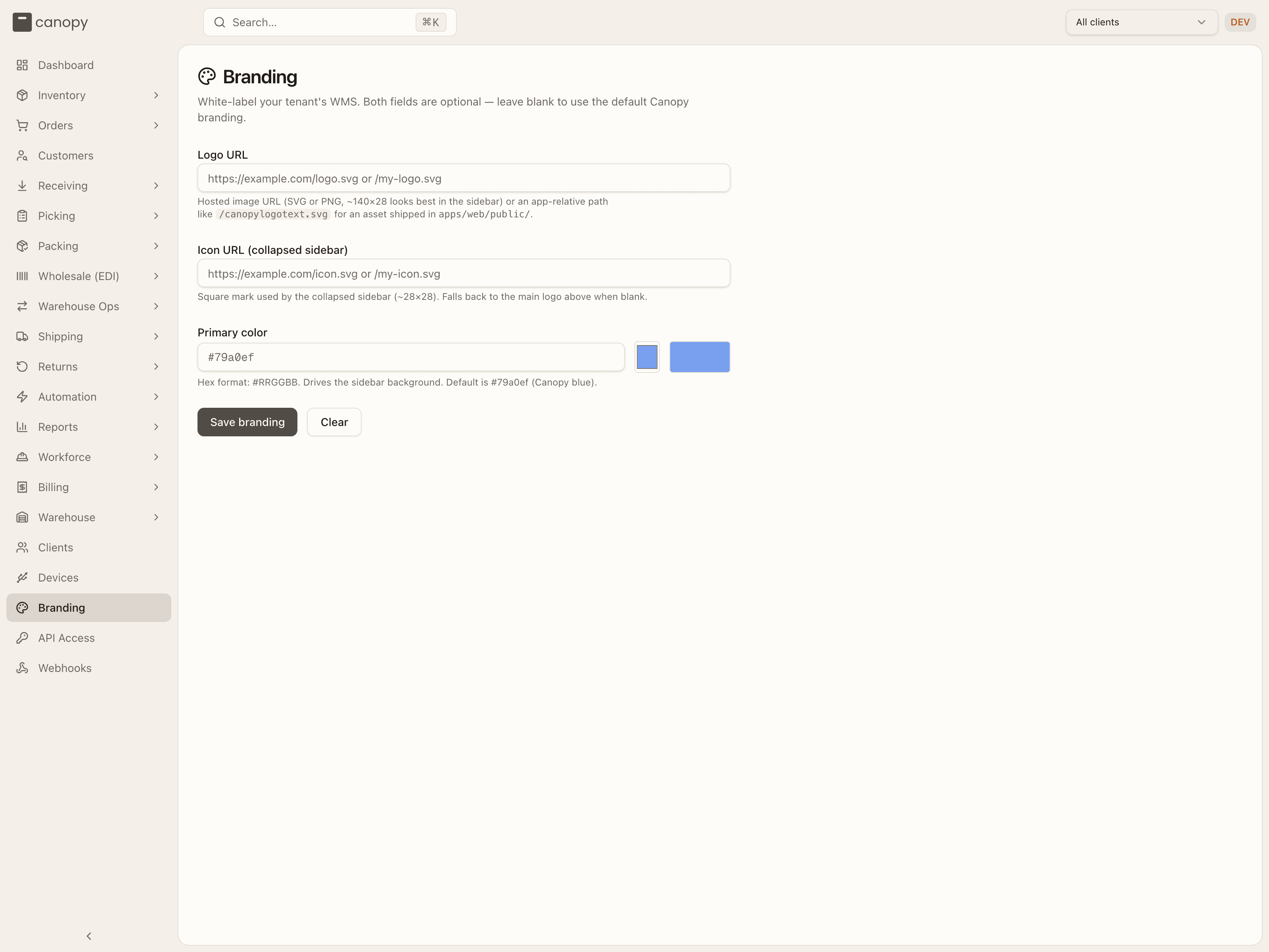 Branding settings