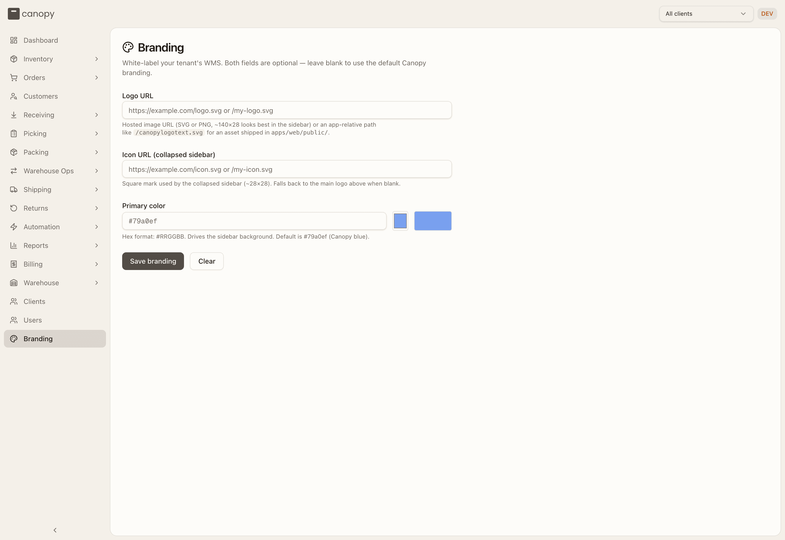 Branding settings