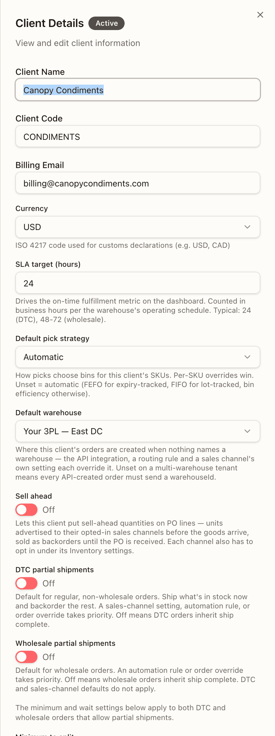 The client detail panel's Pack video card: the Record pack videos for this brand switch, Brand may share links, Keep clips for, and Save video settings