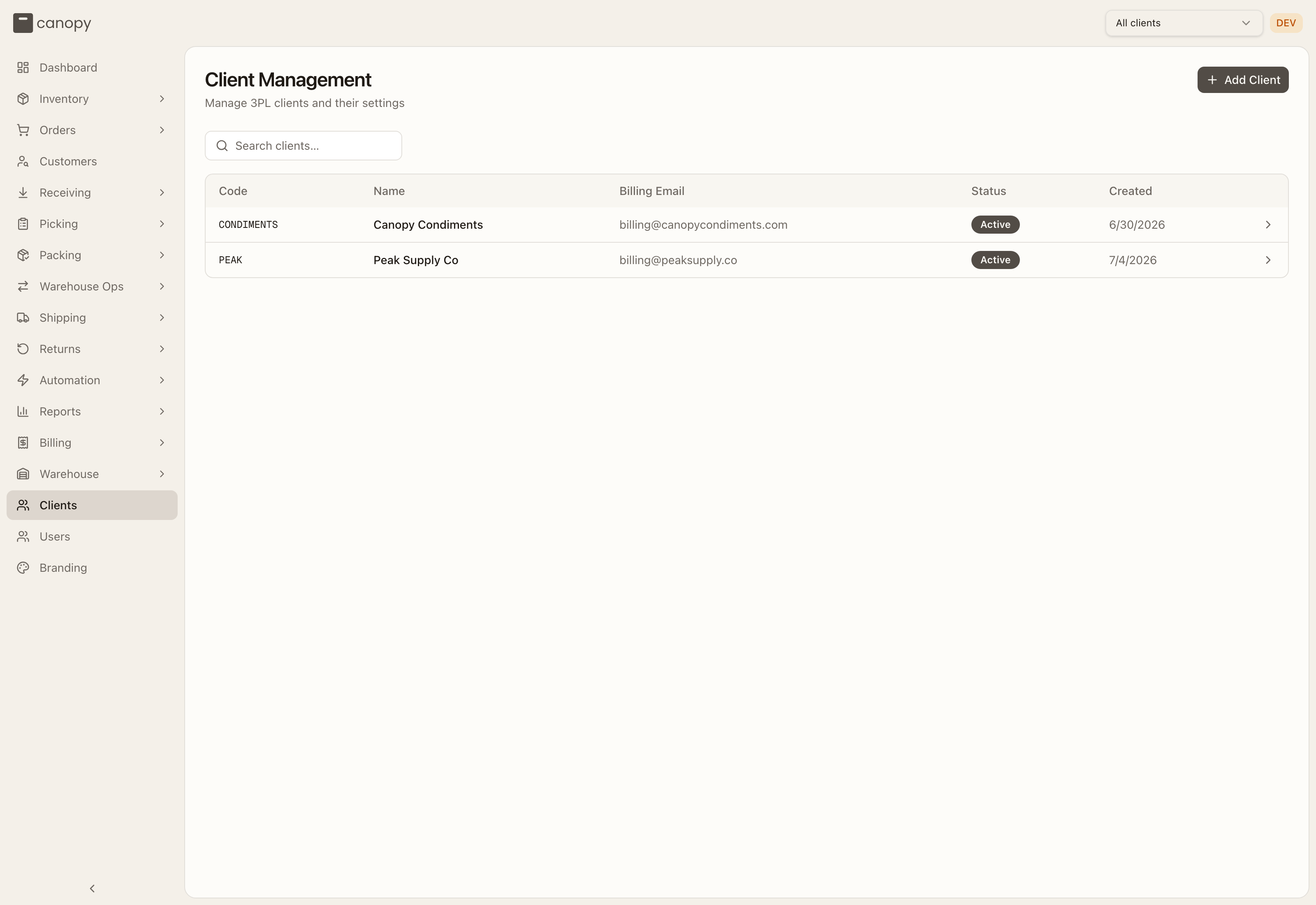 Client Management list