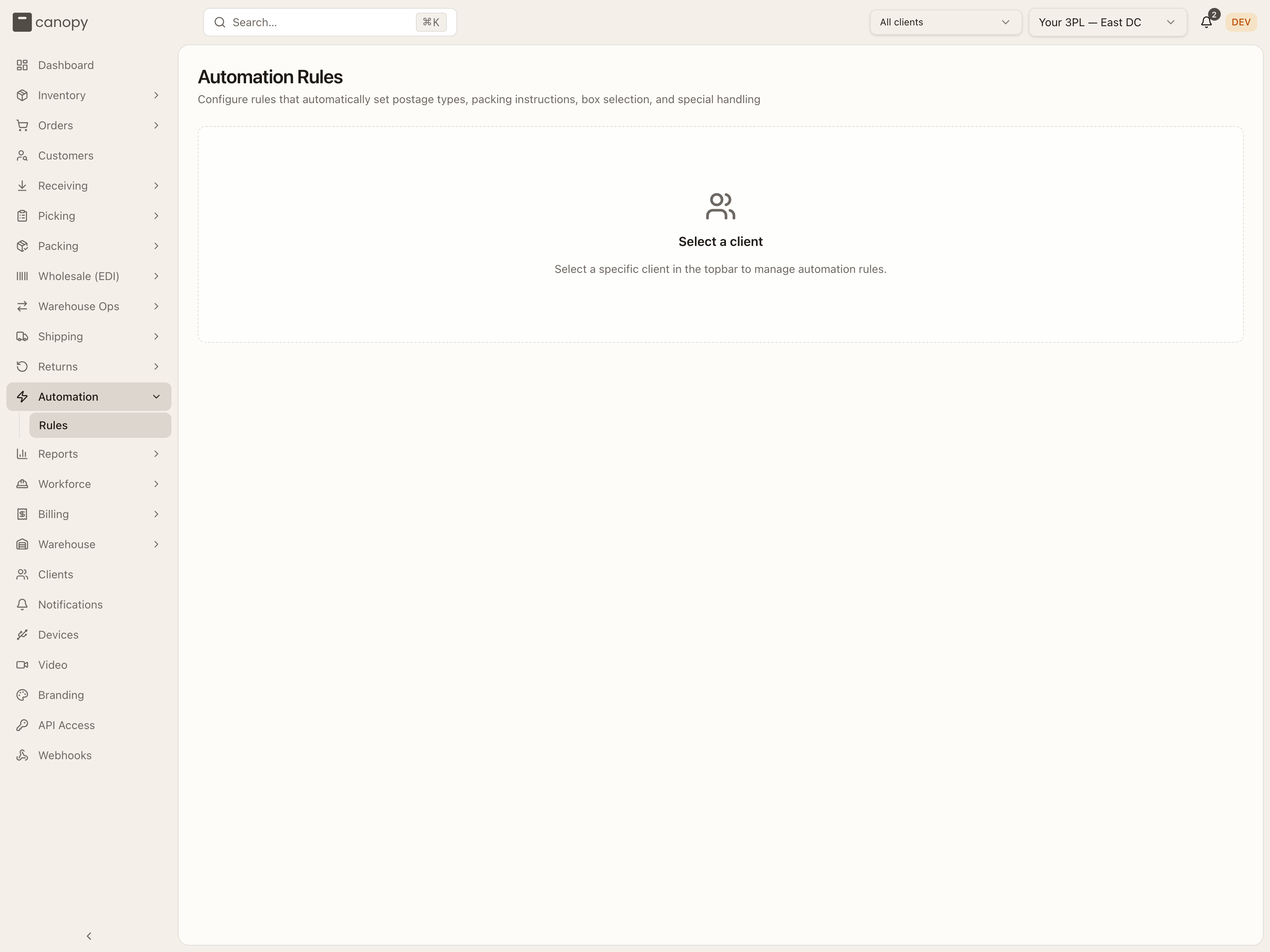 Automation Rules with All clients selected — the Select a client prompt