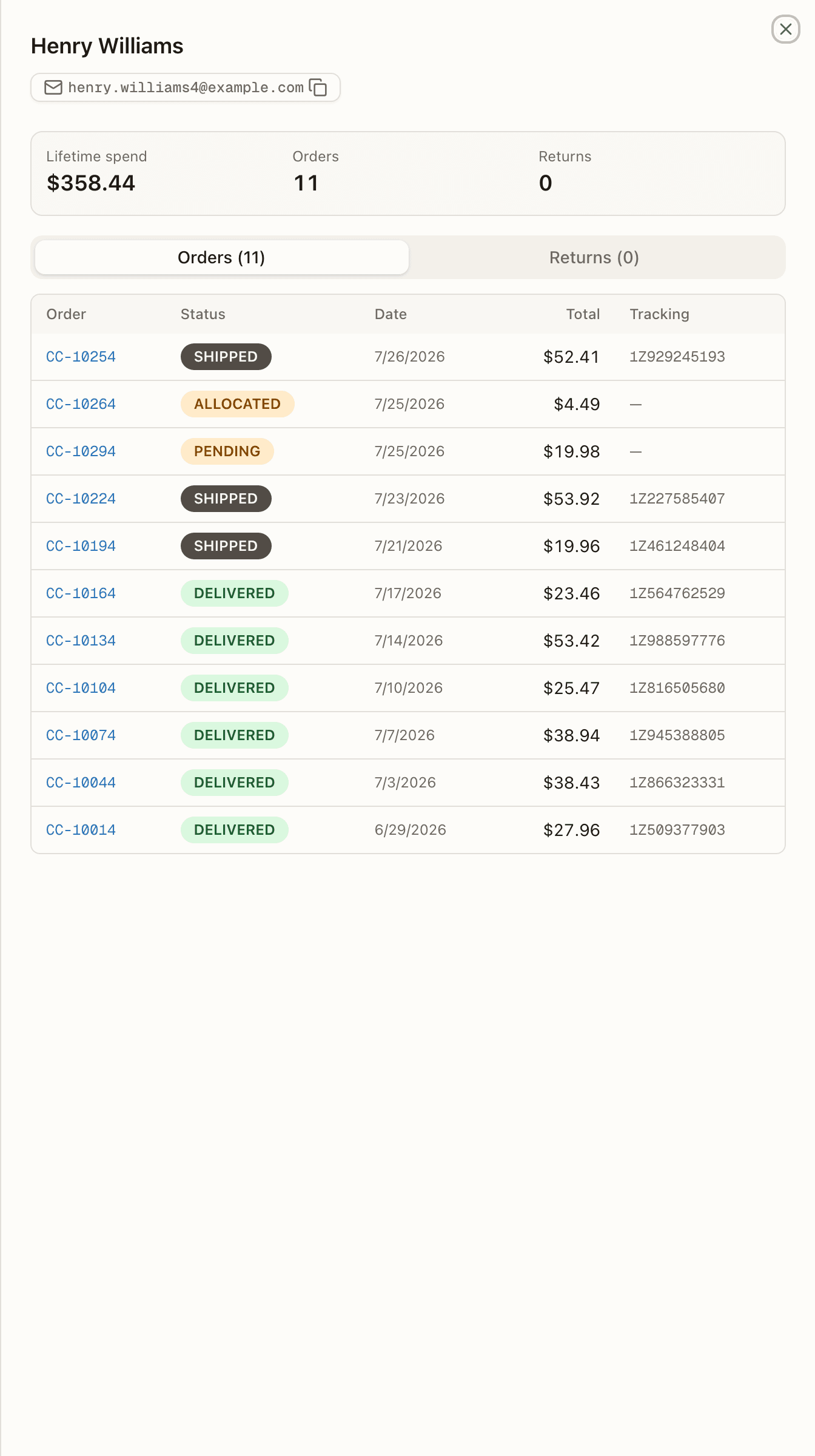 A customer's Orders tab
