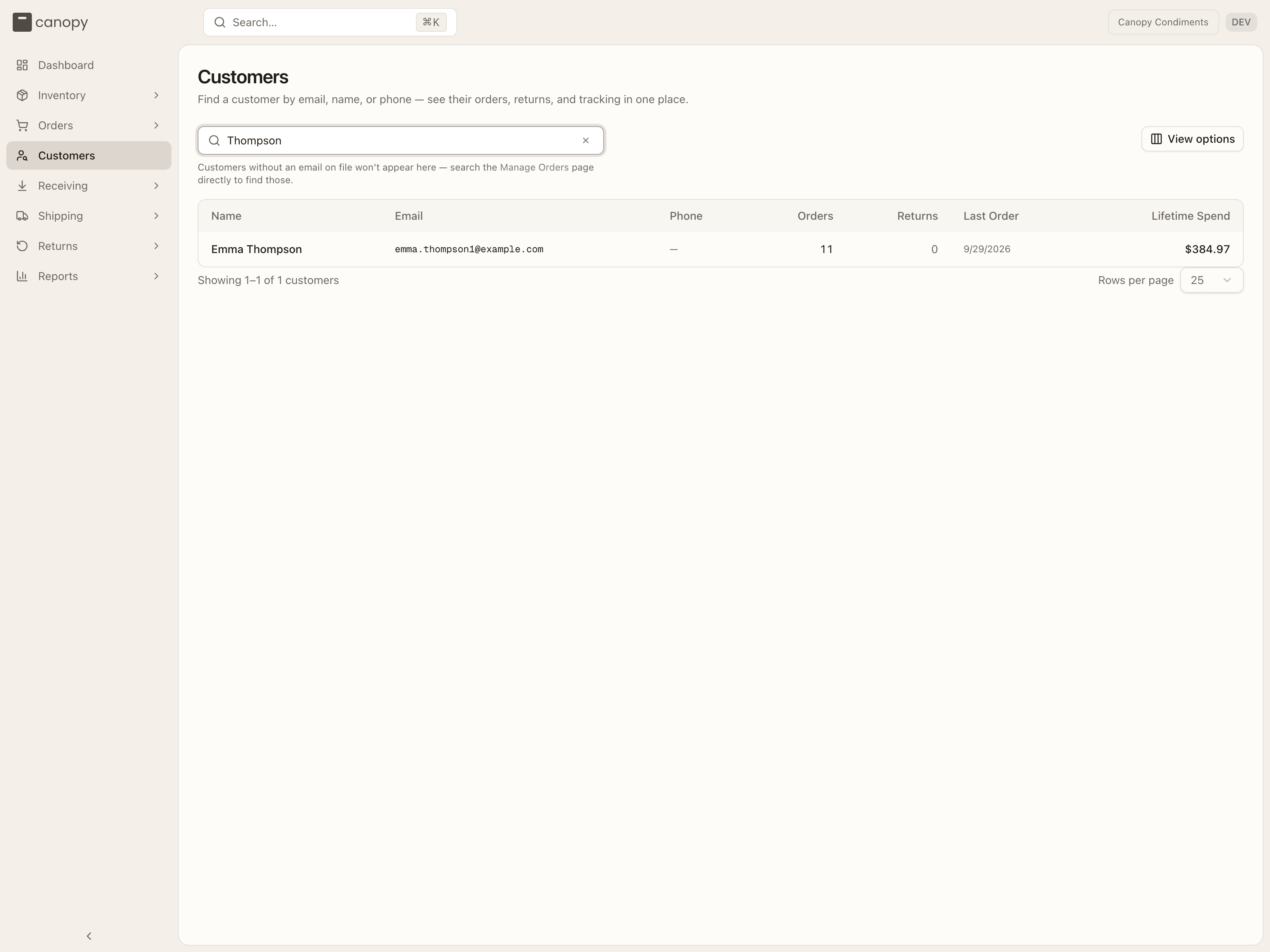 Customer search results