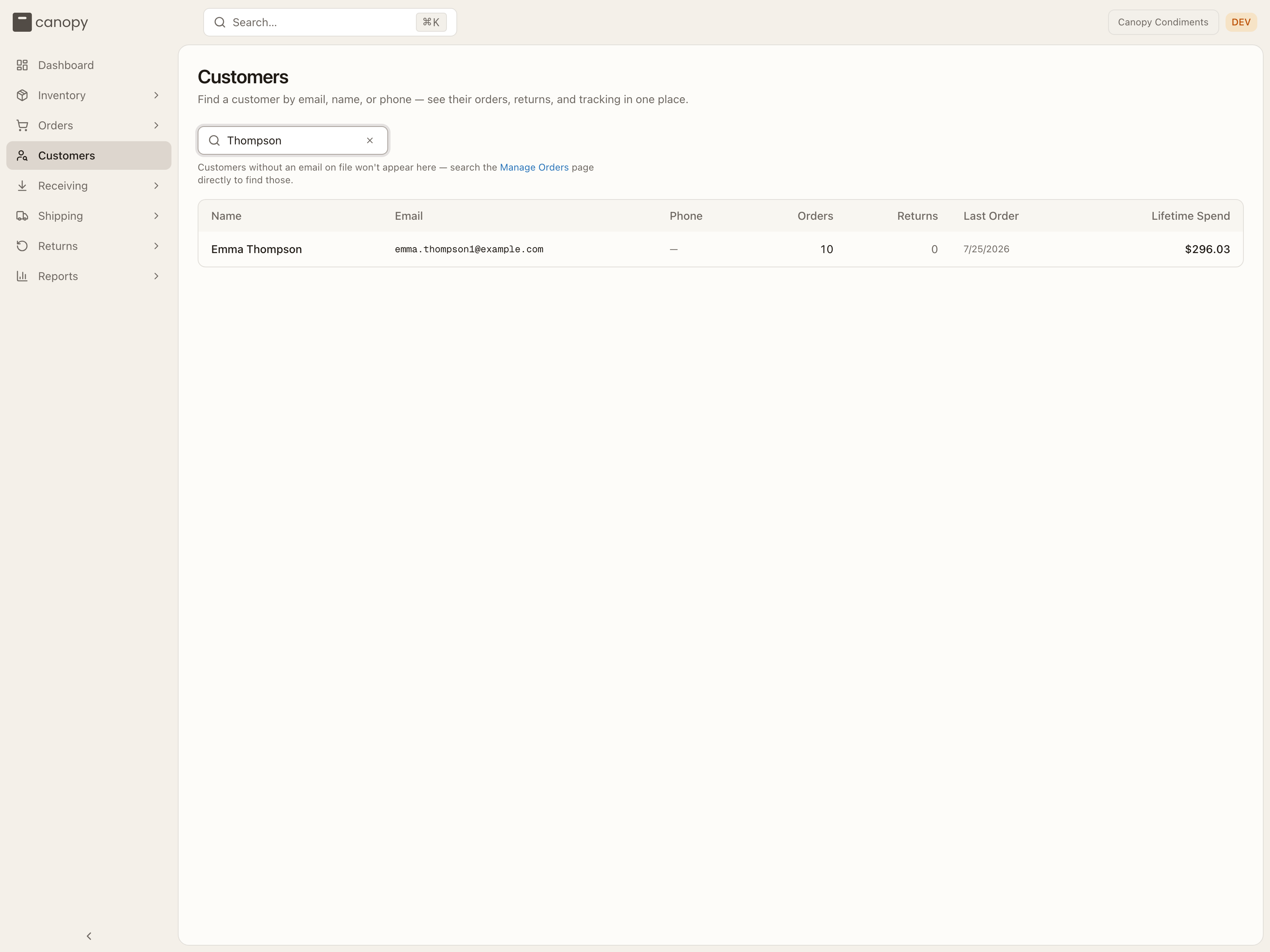 Customer search results