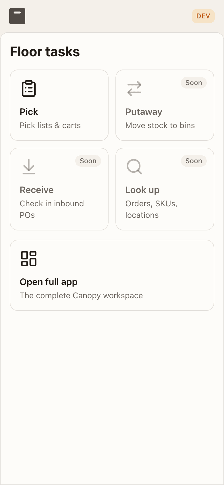The floor app launcher — Pick is live; Putaway, Receive and Look up are marked Soon
