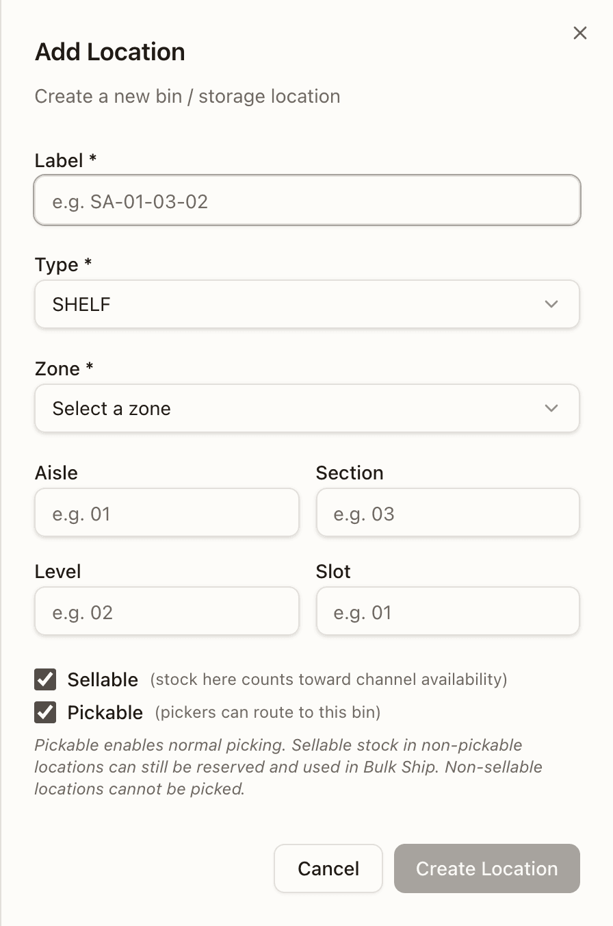 Adding a bin location