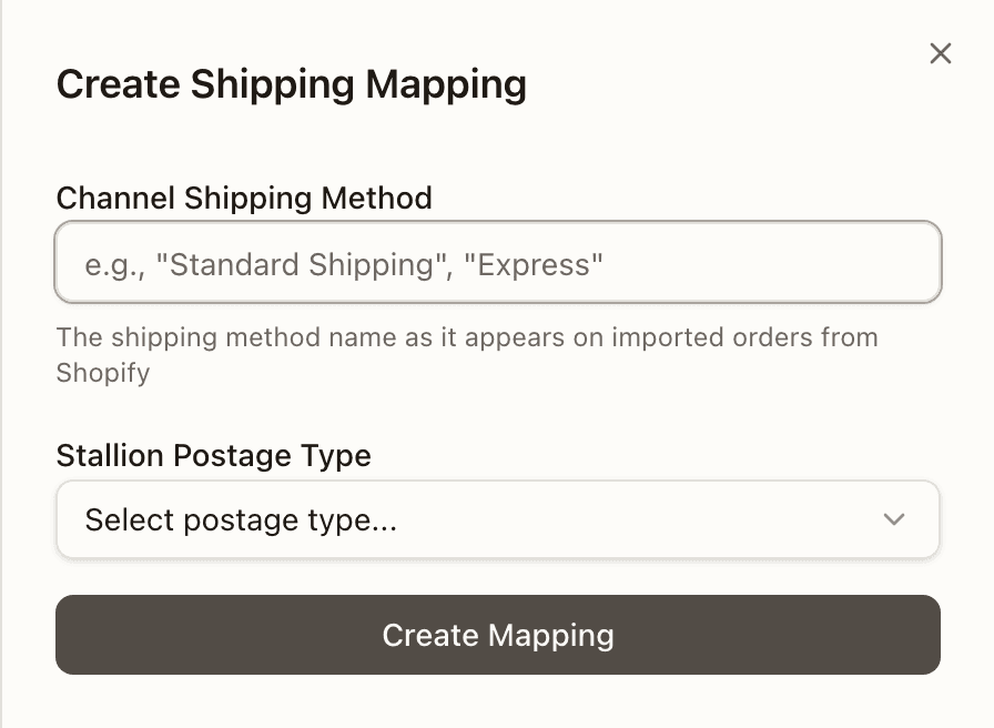 The Create Shipping Mapping sheet, with its Stallion Postage Type dropdown still closed