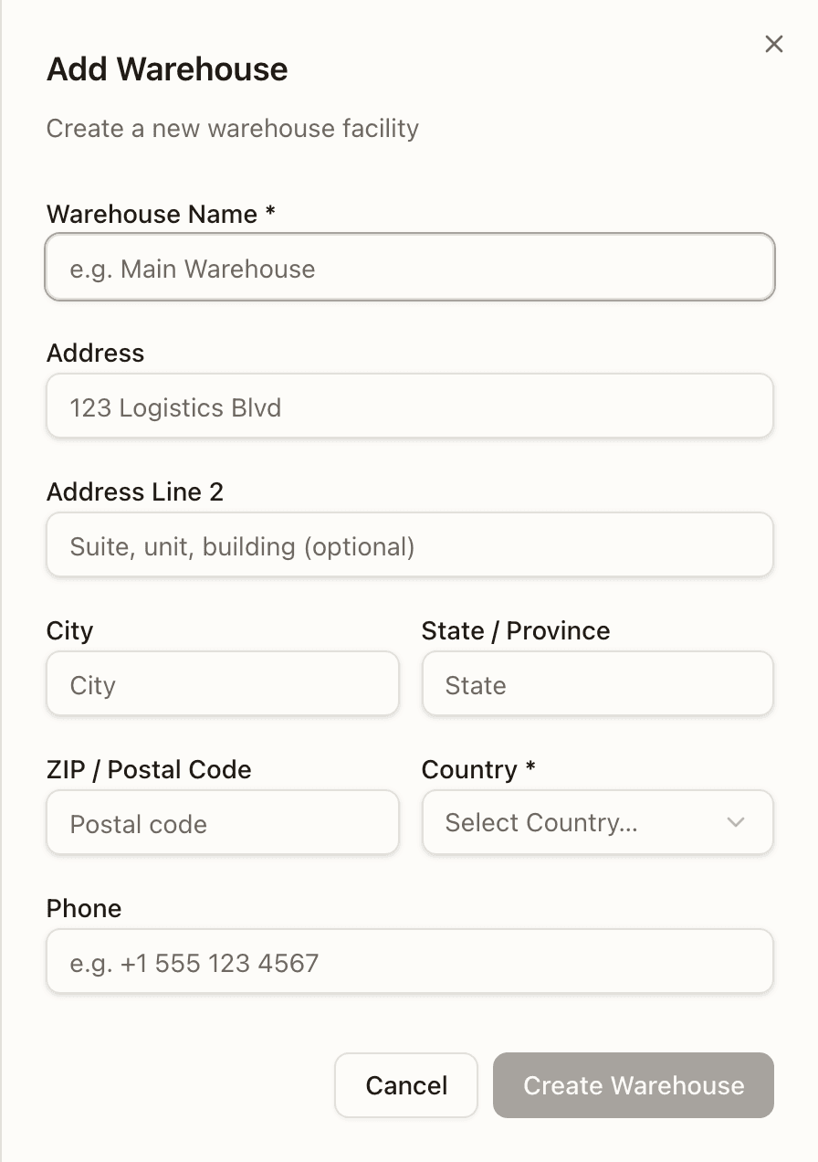 Adding a warehouse — Country is a dropdown