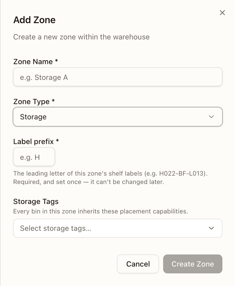 Add Zone with Storage selected — Label prefix and Storage Tags appear