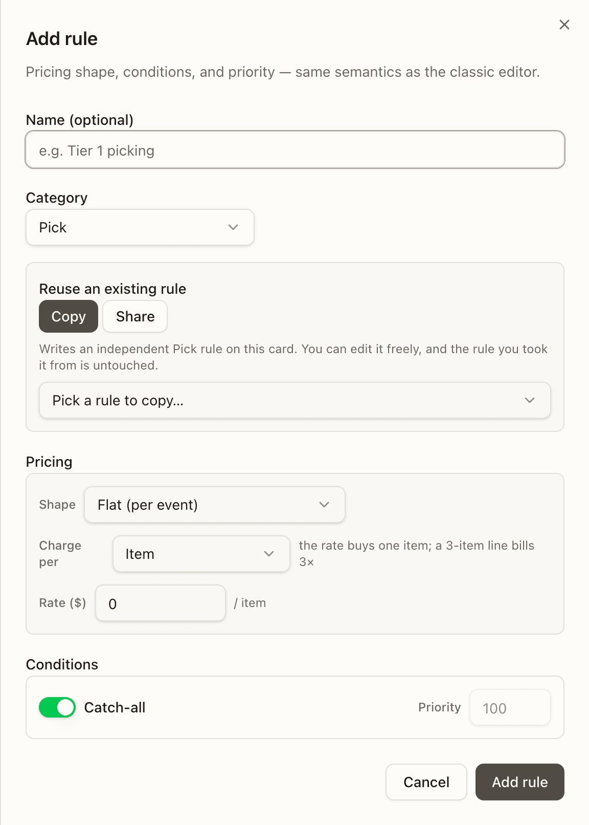 Adding a rule to a card — with the reuse picker