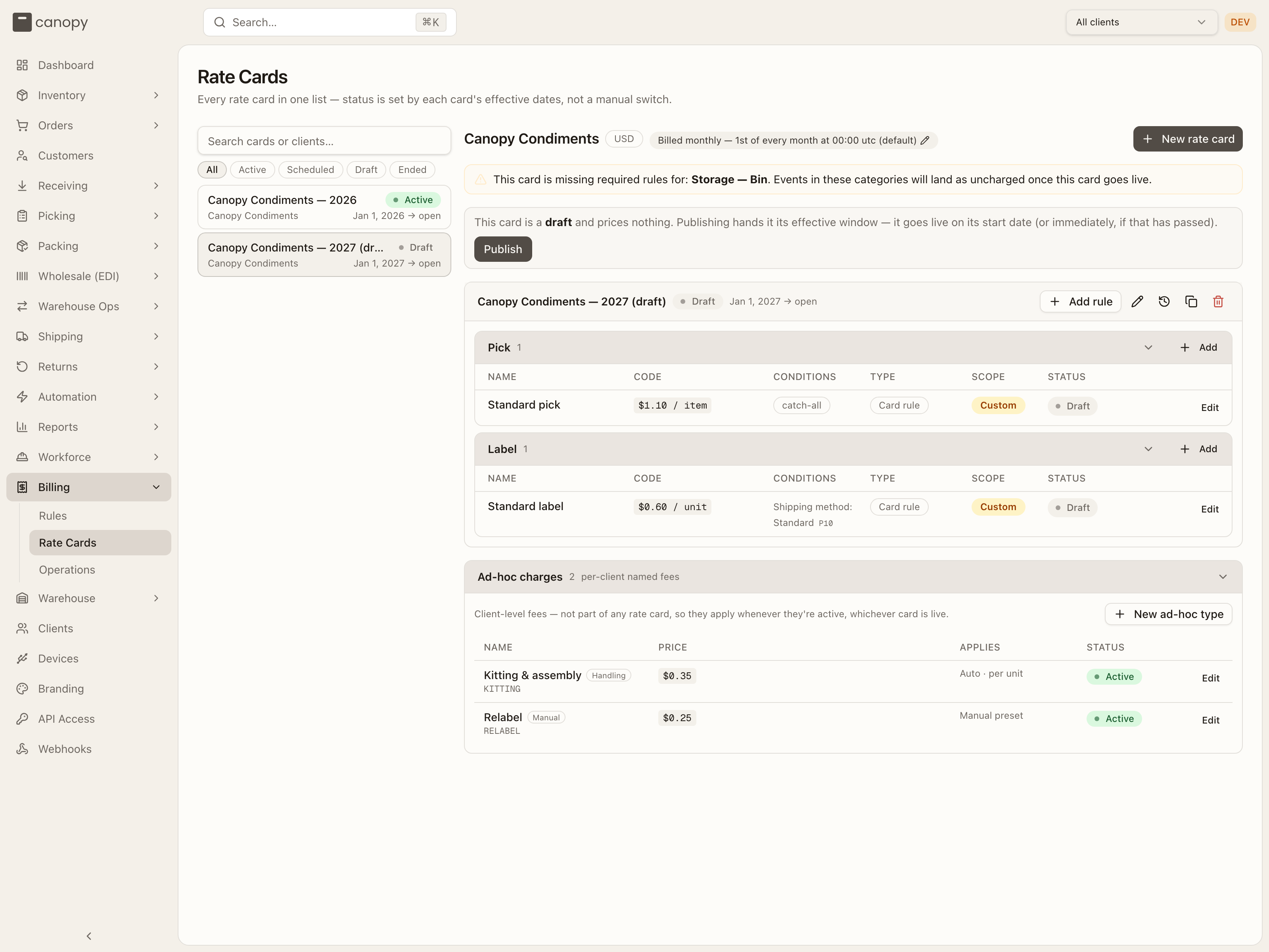 A draft card — the missing-rule banner in its not-yet-live wording, and the Publish banner