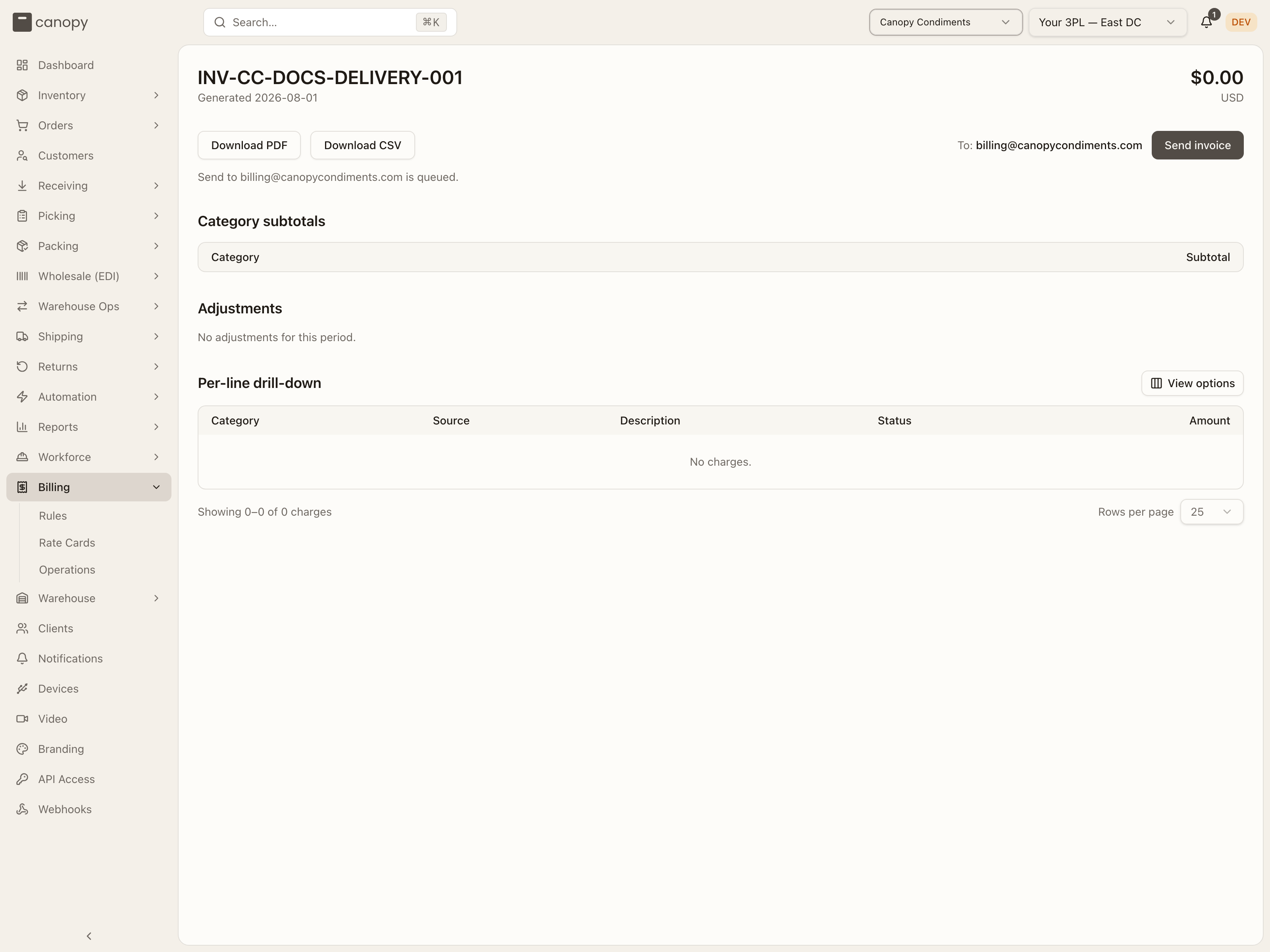An invoice page with its delivery status under Send invoice: Send to the billing email is queued