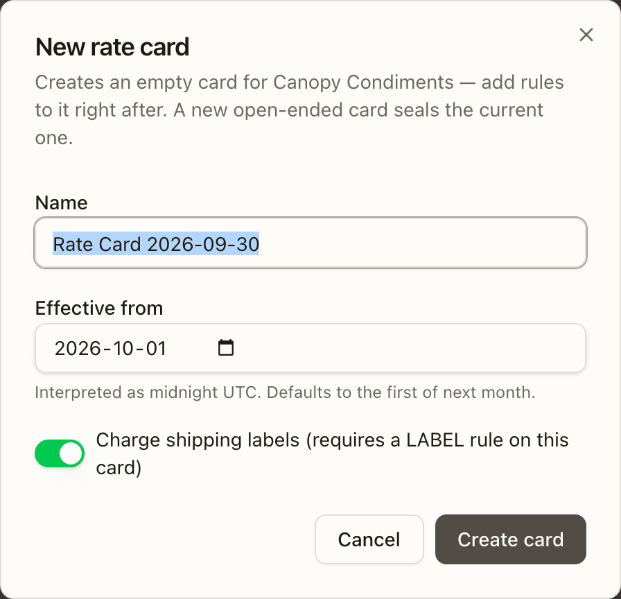 The New rate card dialog