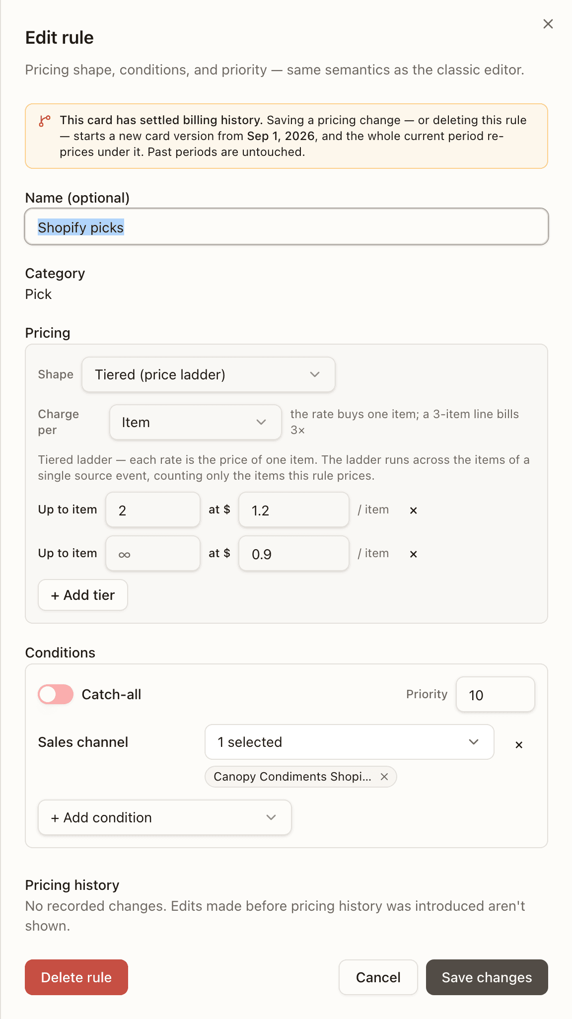 Editing a card rule — pricing, conditions, history
