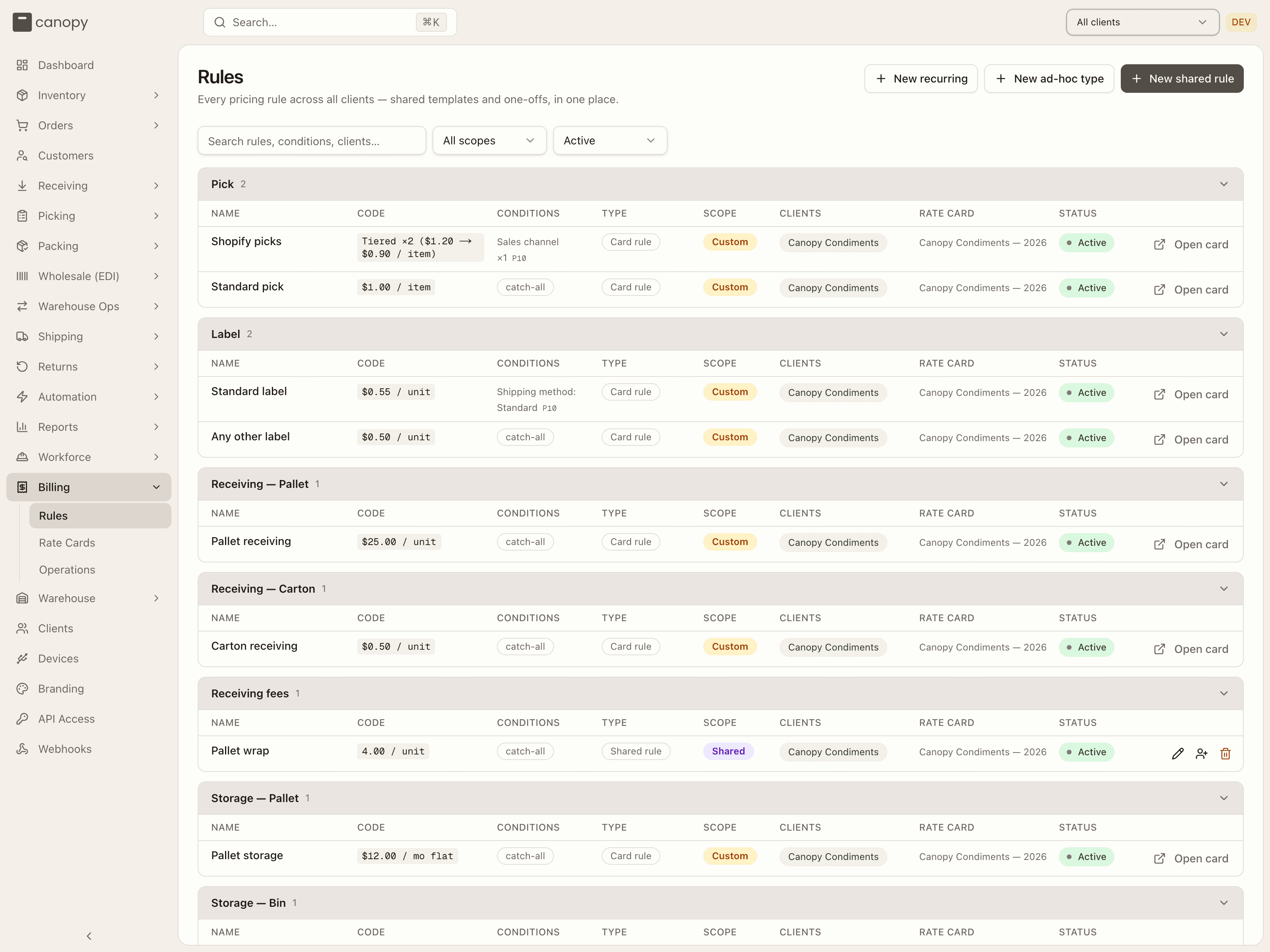 The Rules view — every rule across all clients, by category