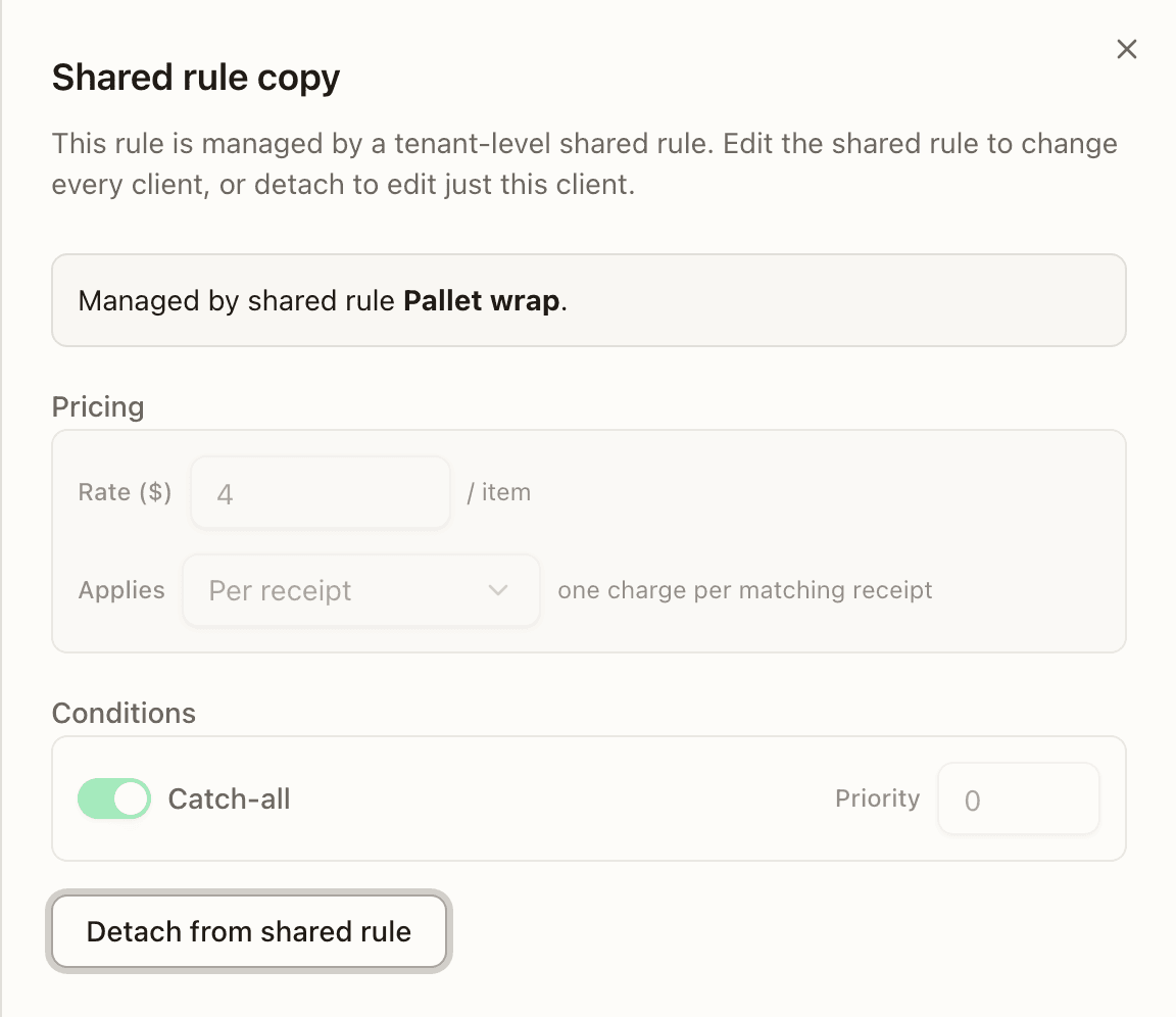 A shared rule's copy — locked, with Detach