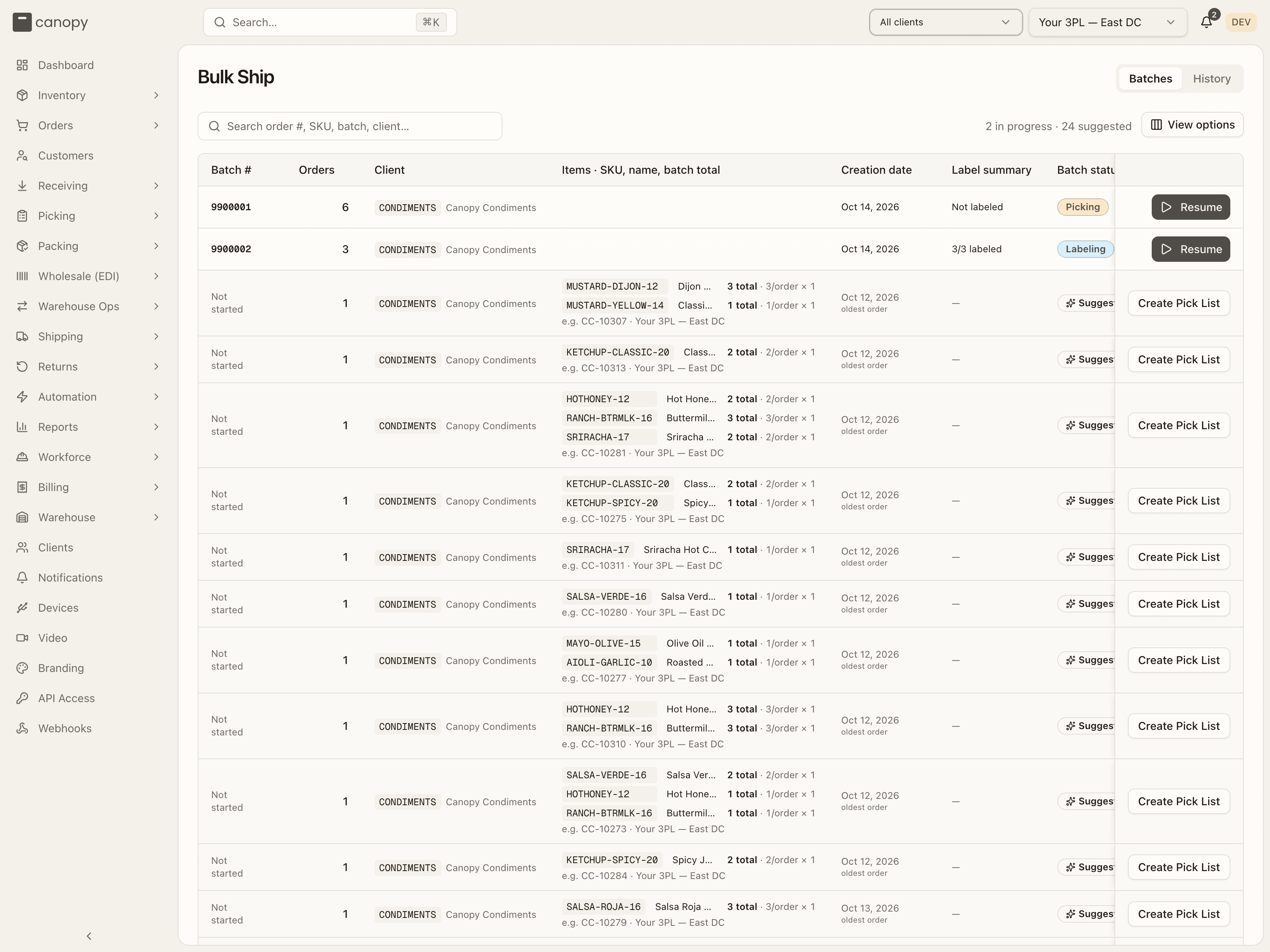 The Batches tab: an in-progress batch first, then suggested groups with Create Pick List
