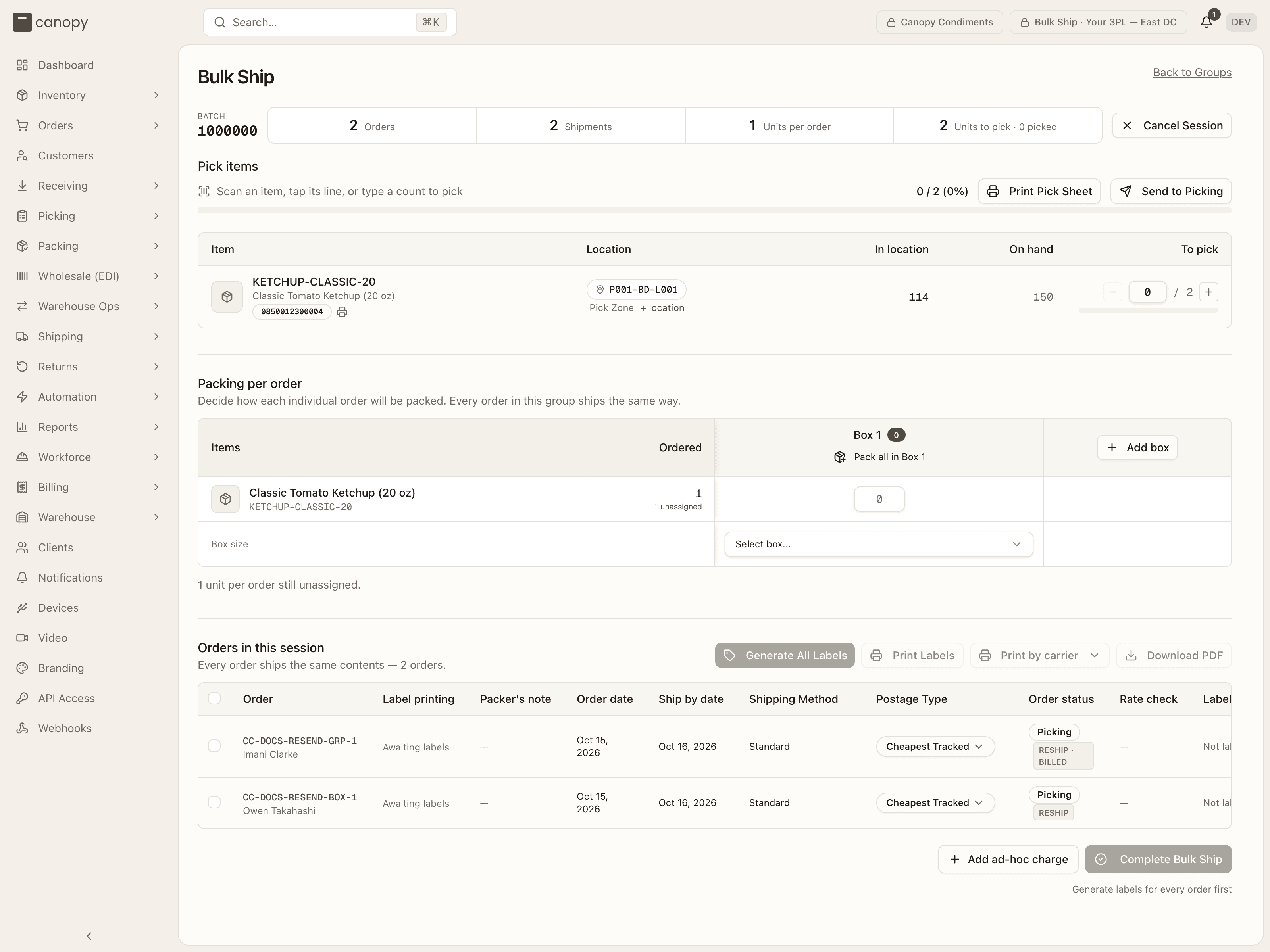 A bulk-ship session: the header strip, Pick items, Packing per order, and Orders in this session on one page