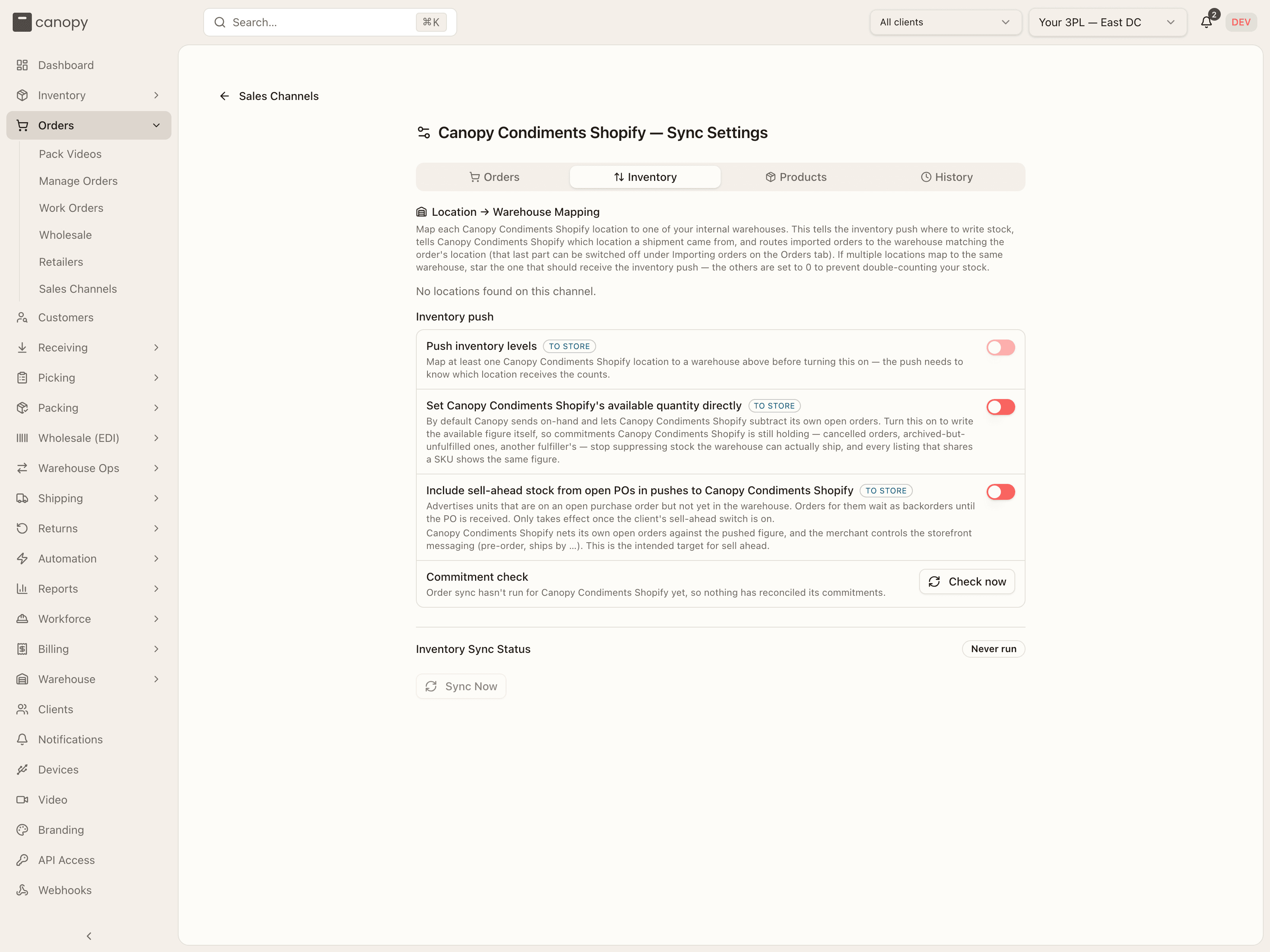 The Inventory tab — location-to-warehouse mapping, the inventory push group, and sync status