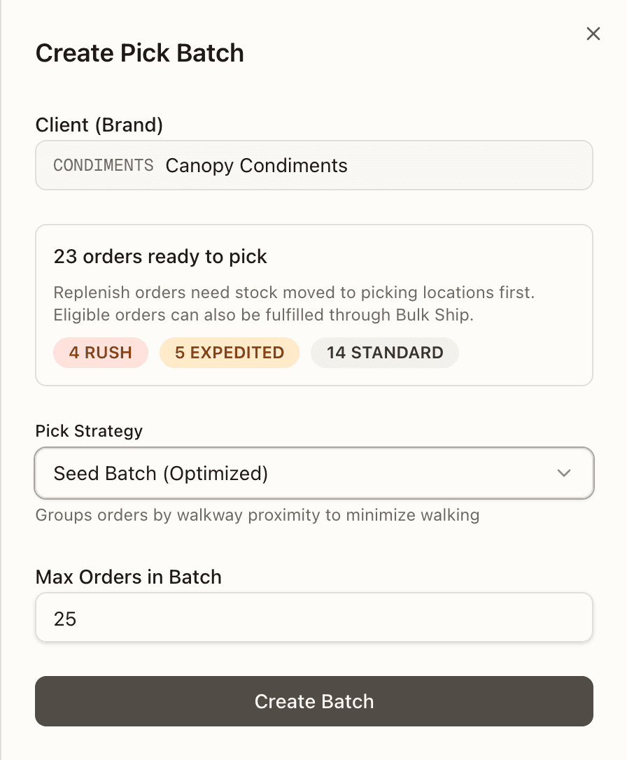 Creating a pick batch — client, available allocated orders by priority, pick strategy, and max orders