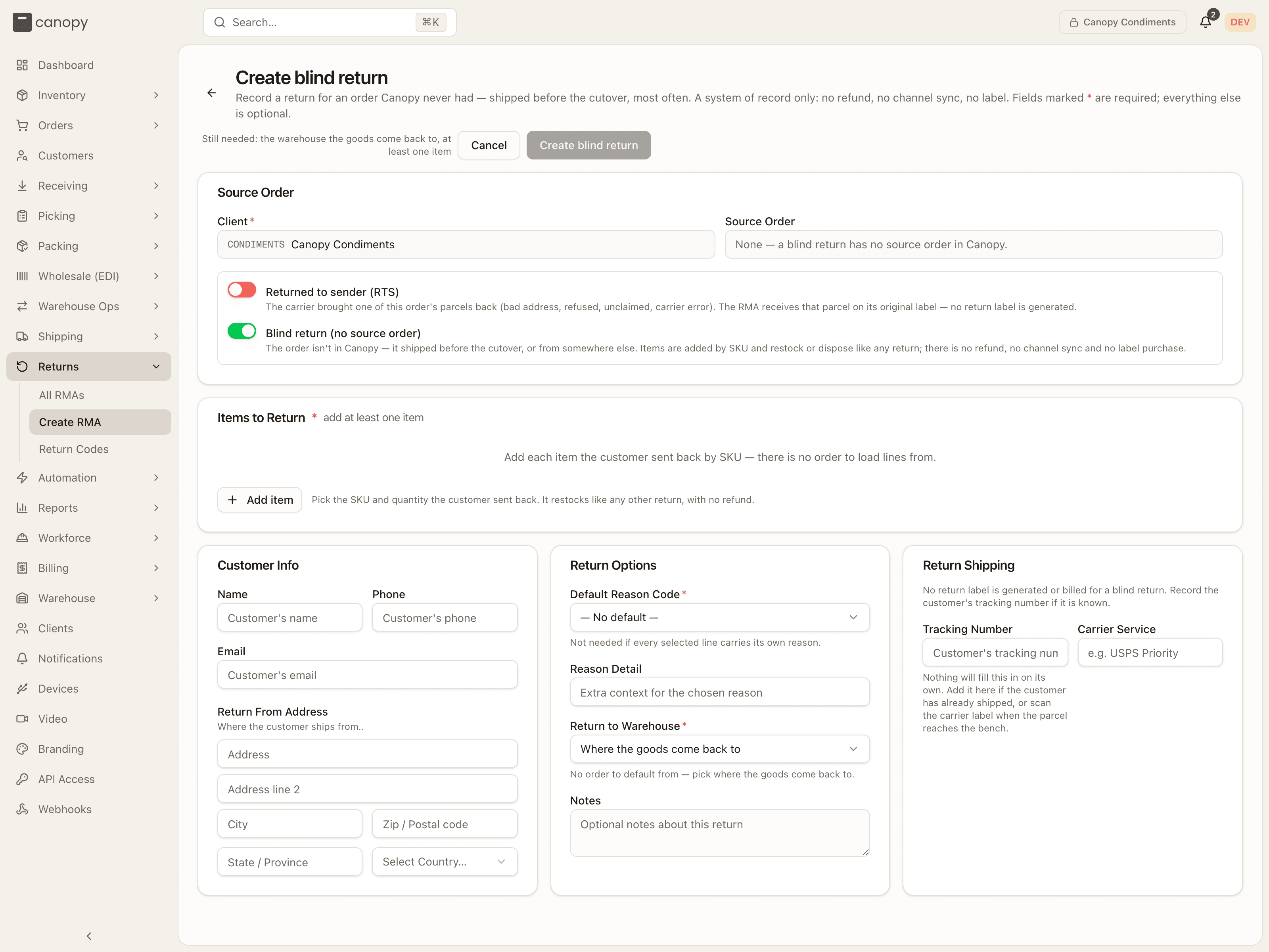 Create blind return — no source order, Return to Warehouse required, and Add item in place of the order's lines