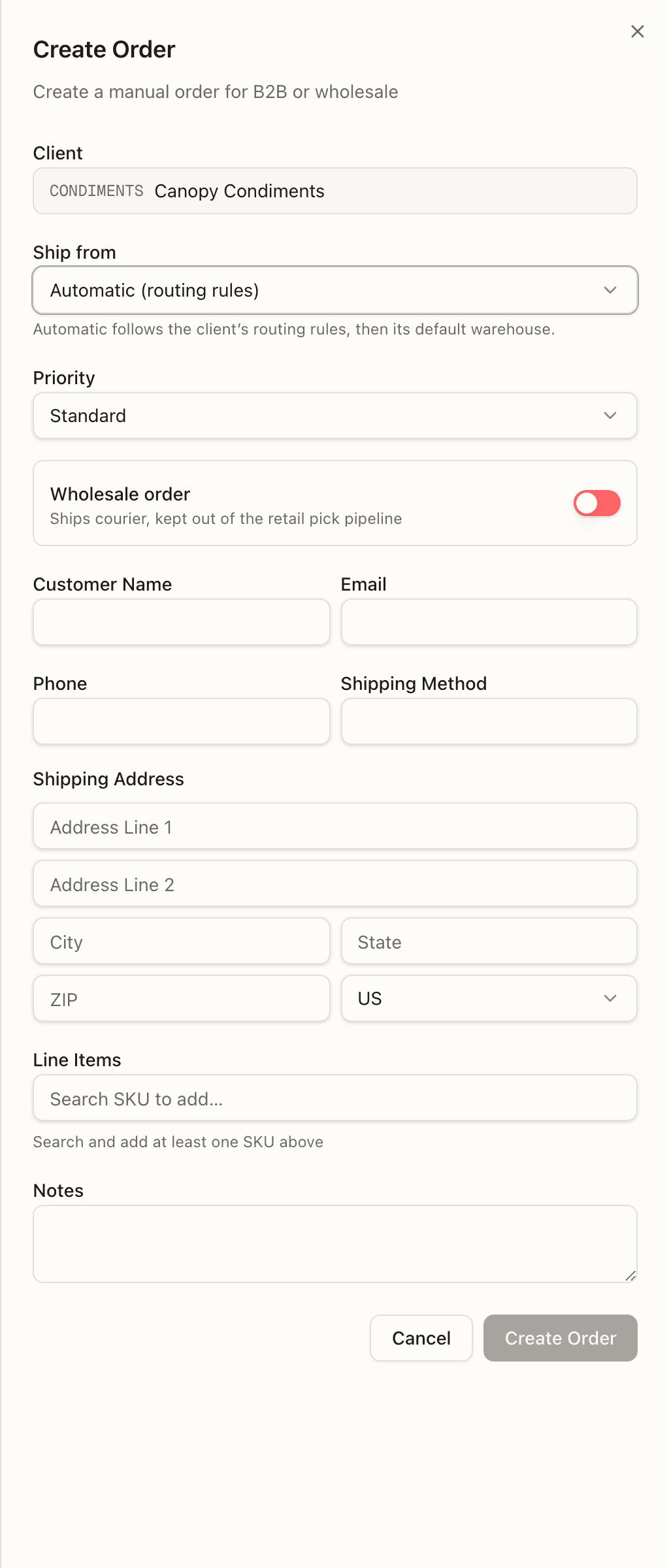 Creating a manual order — the client picker, Ship from, priority, wholesale switch, customer, address, line items, and notes