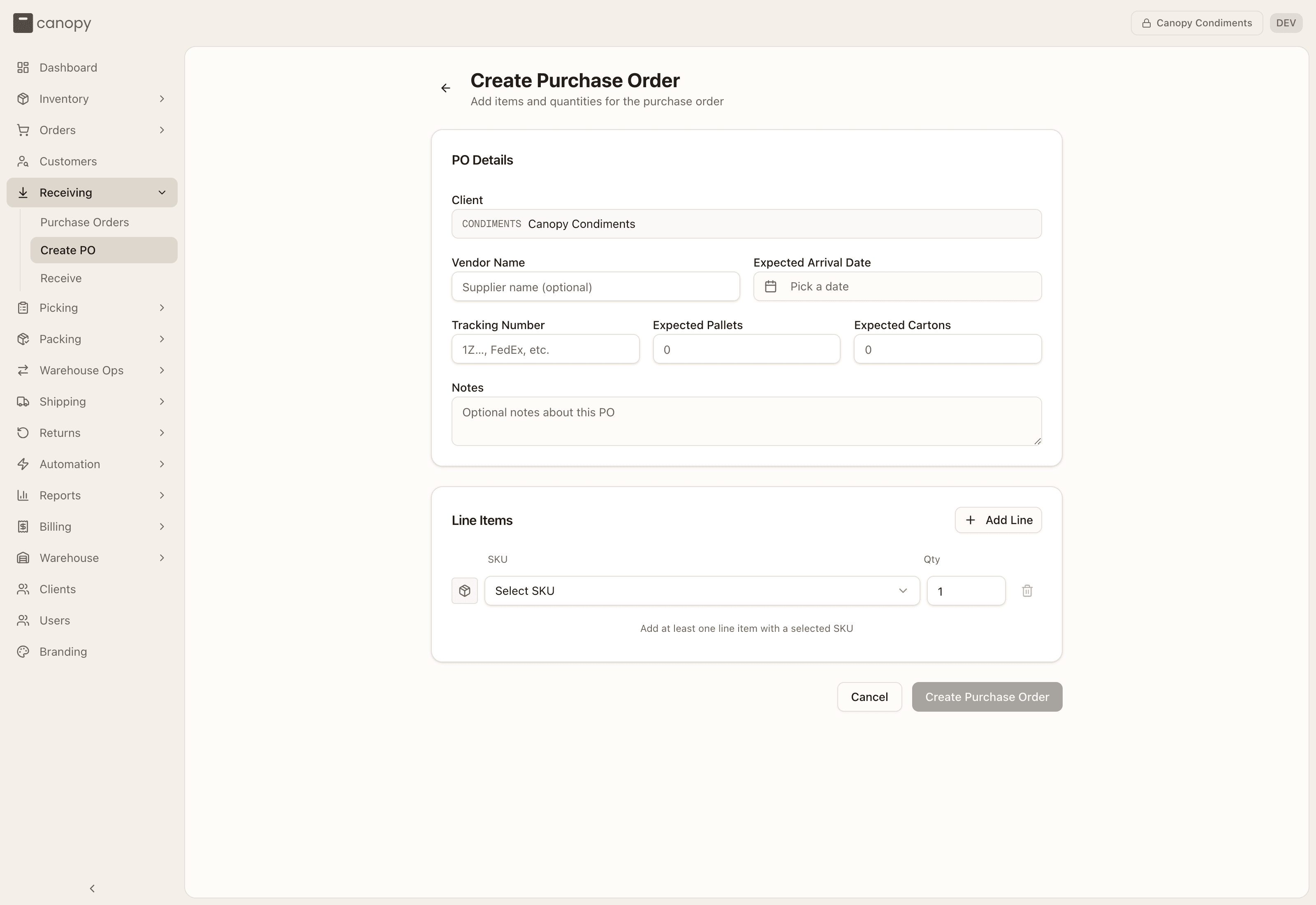 Creating a purchase order