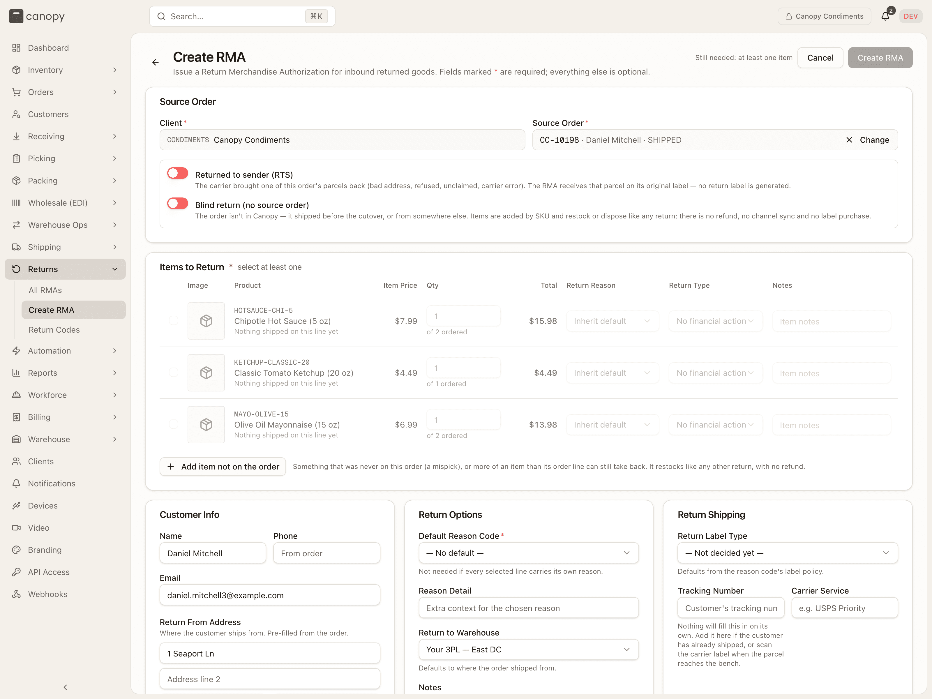 Items to Return with an order loaded