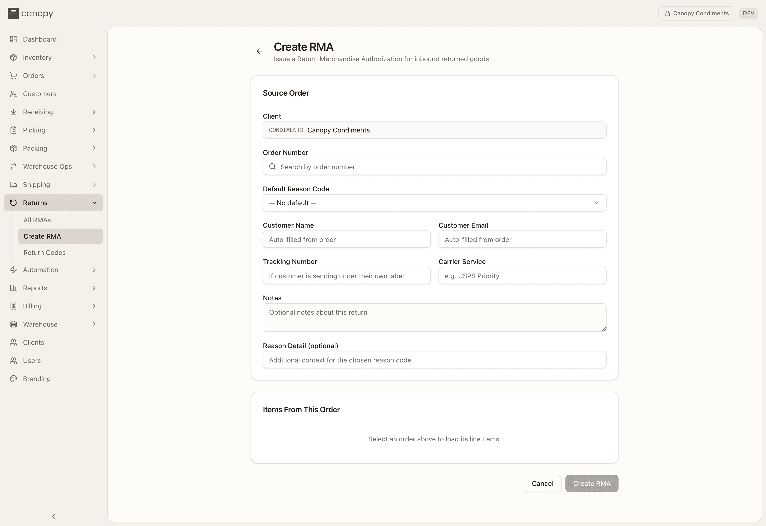 Creating an RMA