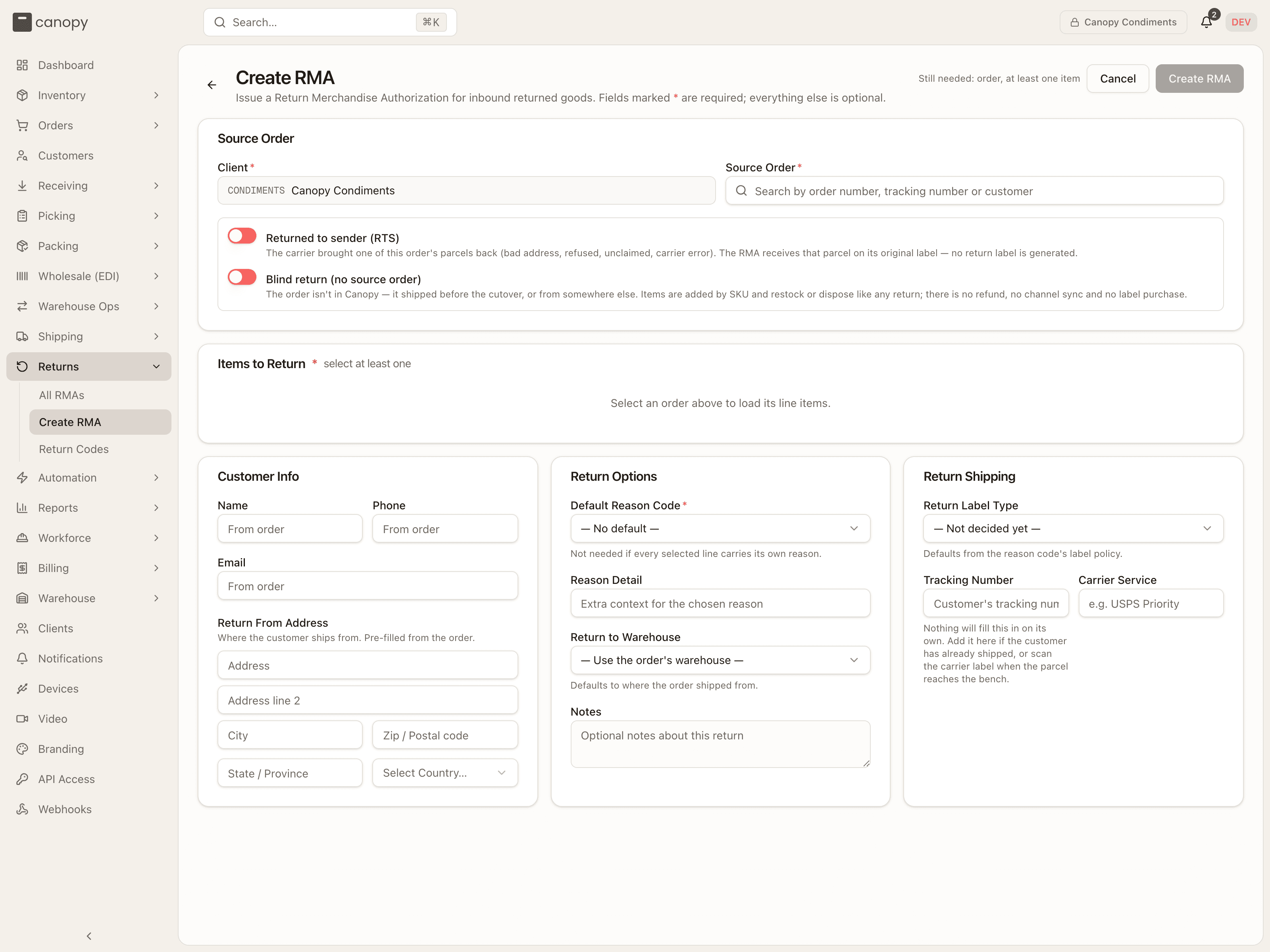 Create RMA, before an order is chosen