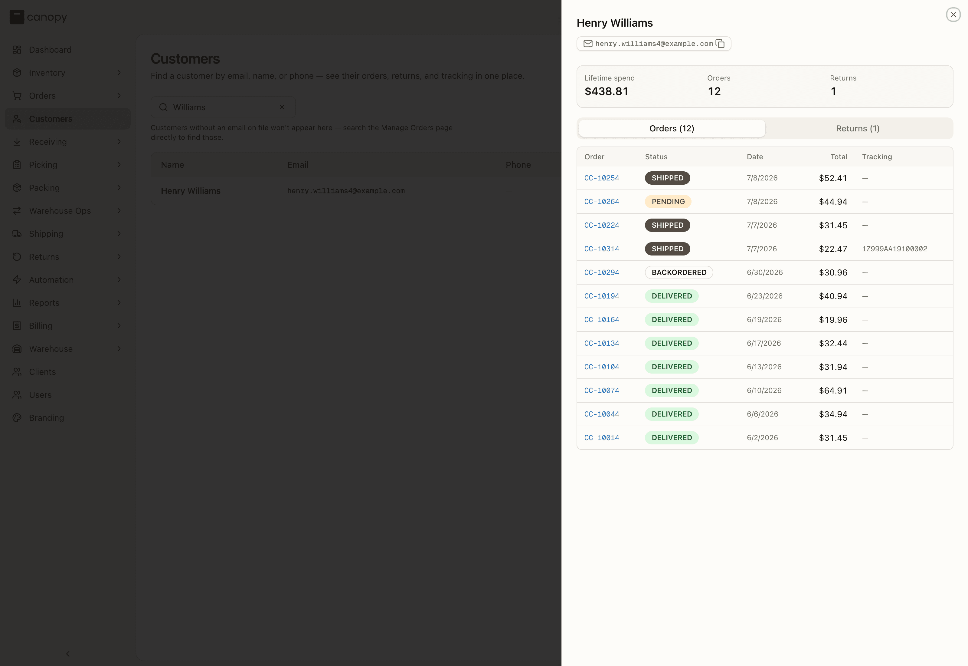 A customer's profile with order history