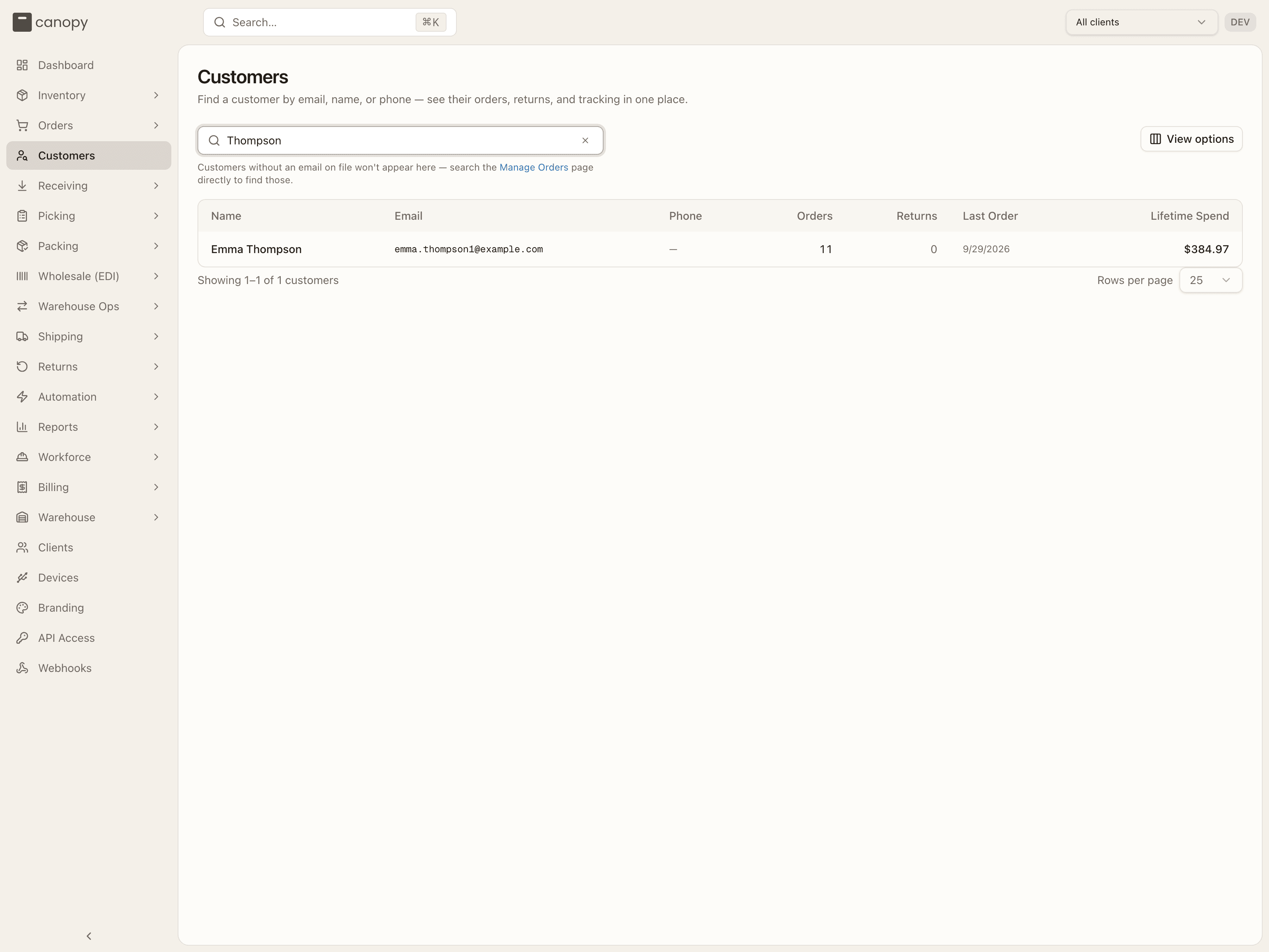 Customer search results