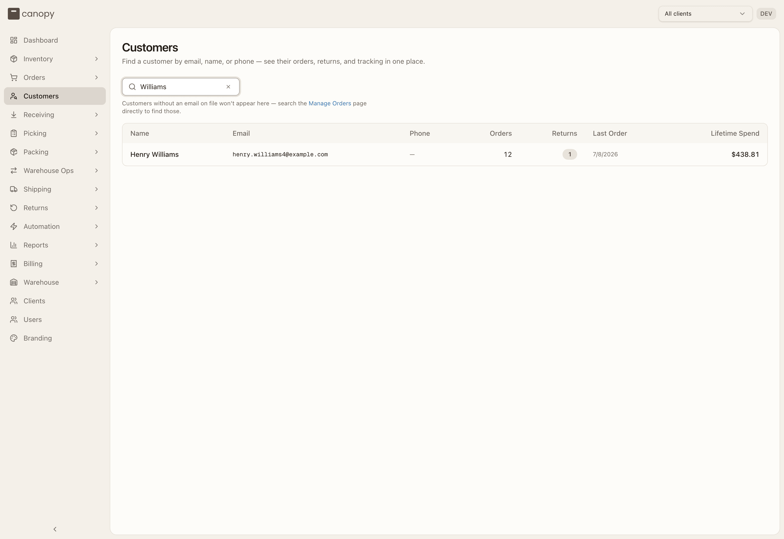 Customer search results
