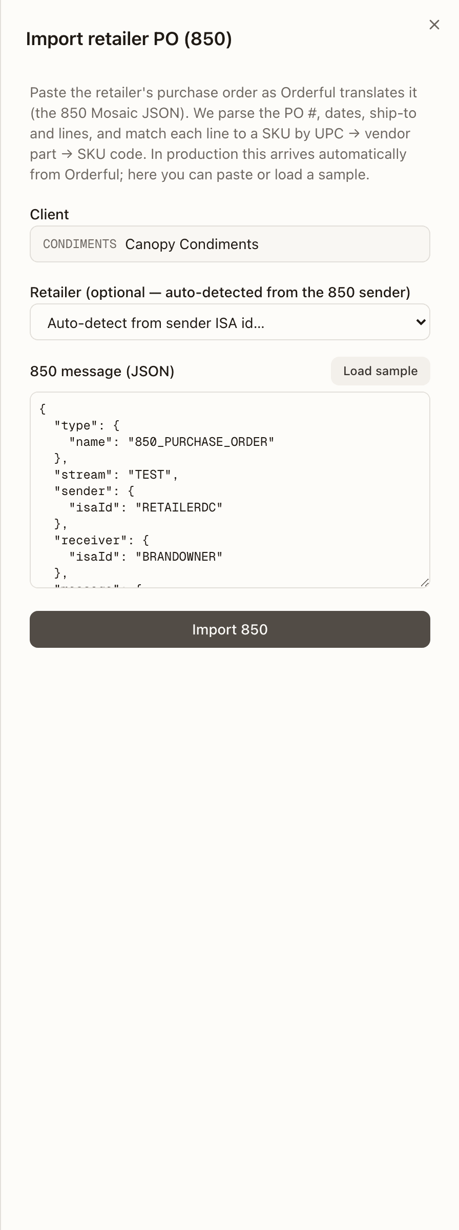 Importing a retailer 850 with the sample loaded