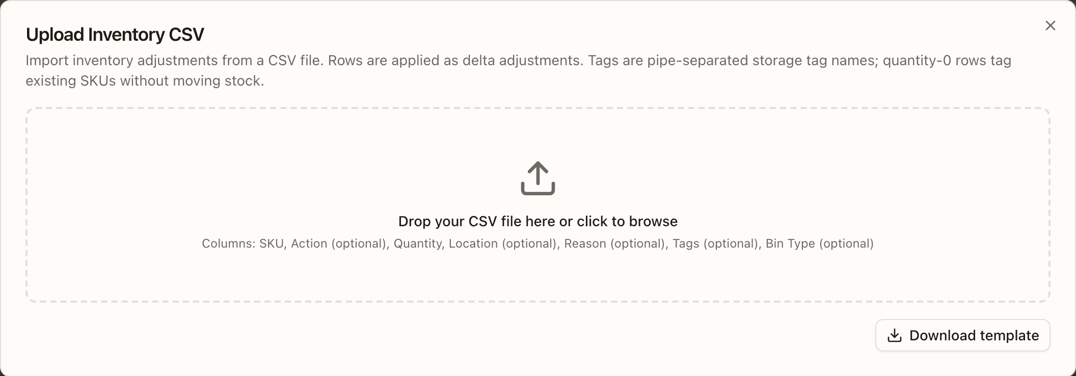 Upload Inventory CSV — the drop zone, the columns it takes, and Download template
