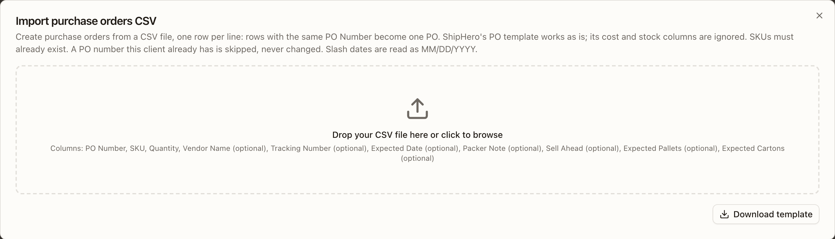 Import purchase orders CSV — the drop zone, the columns it takes, and Download template