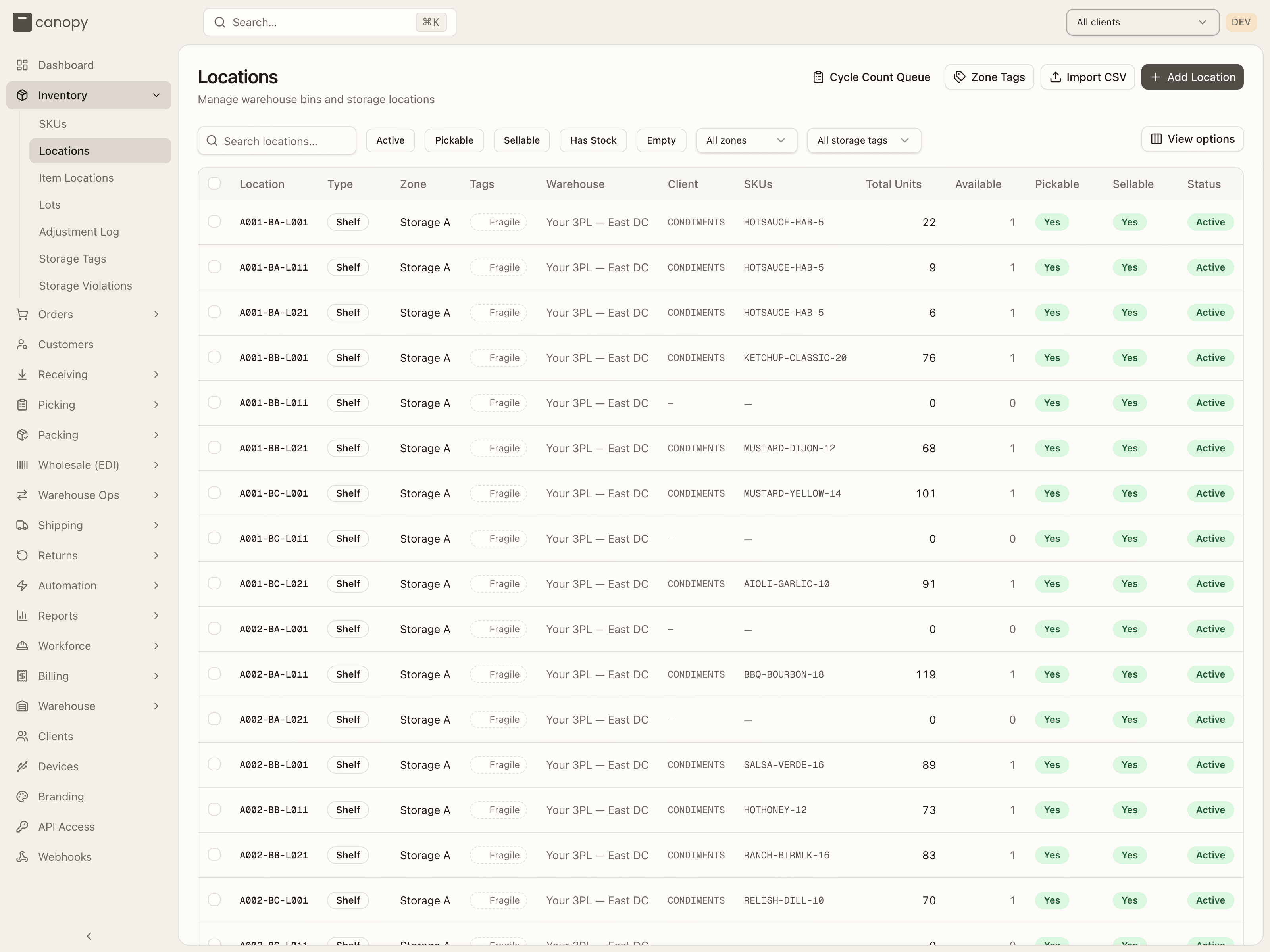 Locations — bin management with the Tags column and inline Pickable / Sellable badges