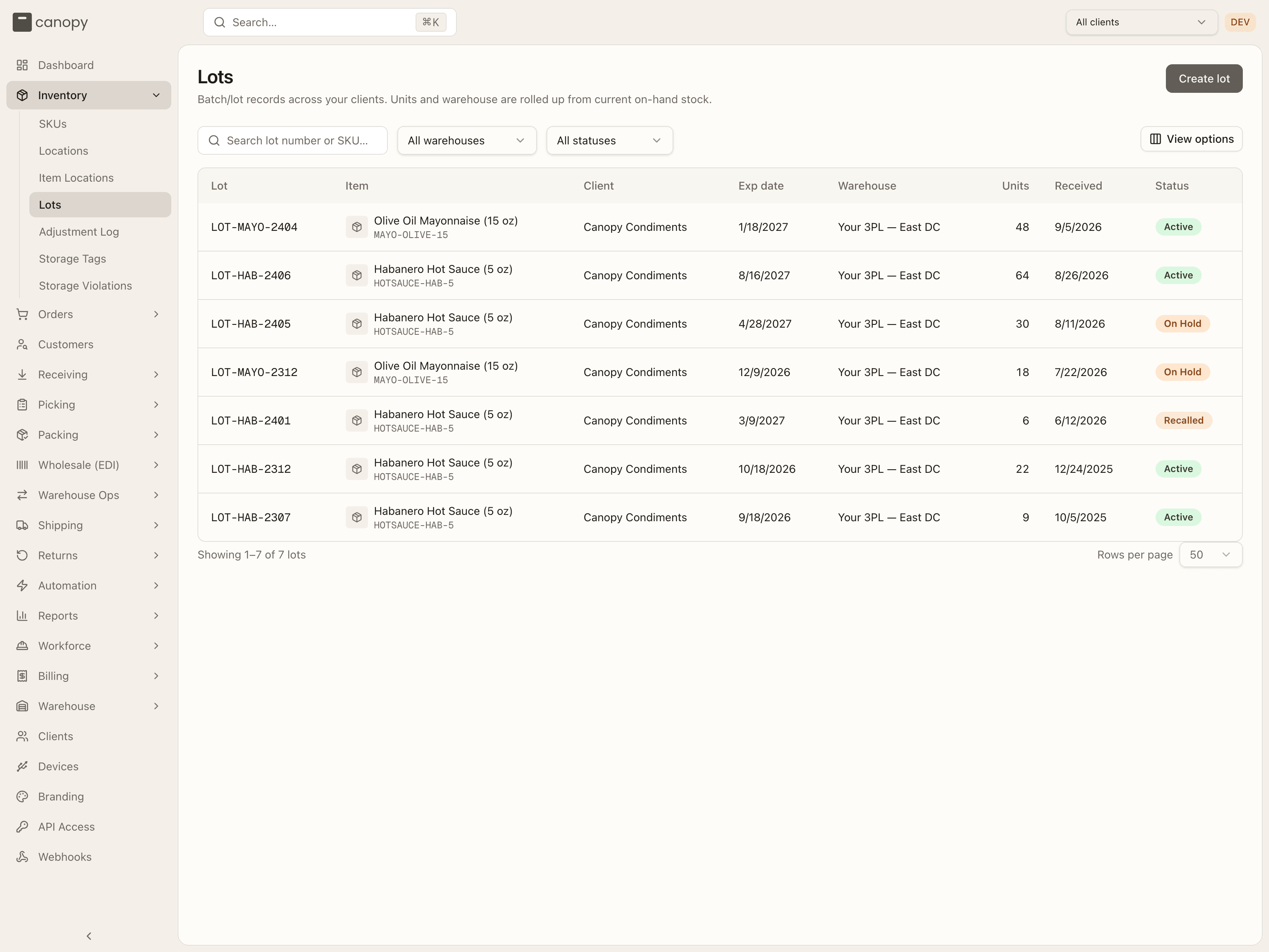 The Lots list, with Create lot and the warehouse and status filters