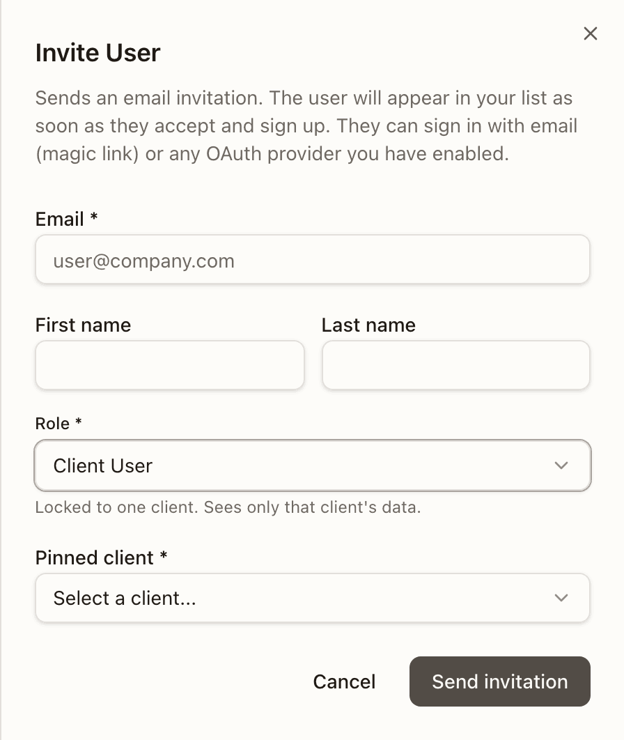 Role set to Client User with the Pinned client selector
