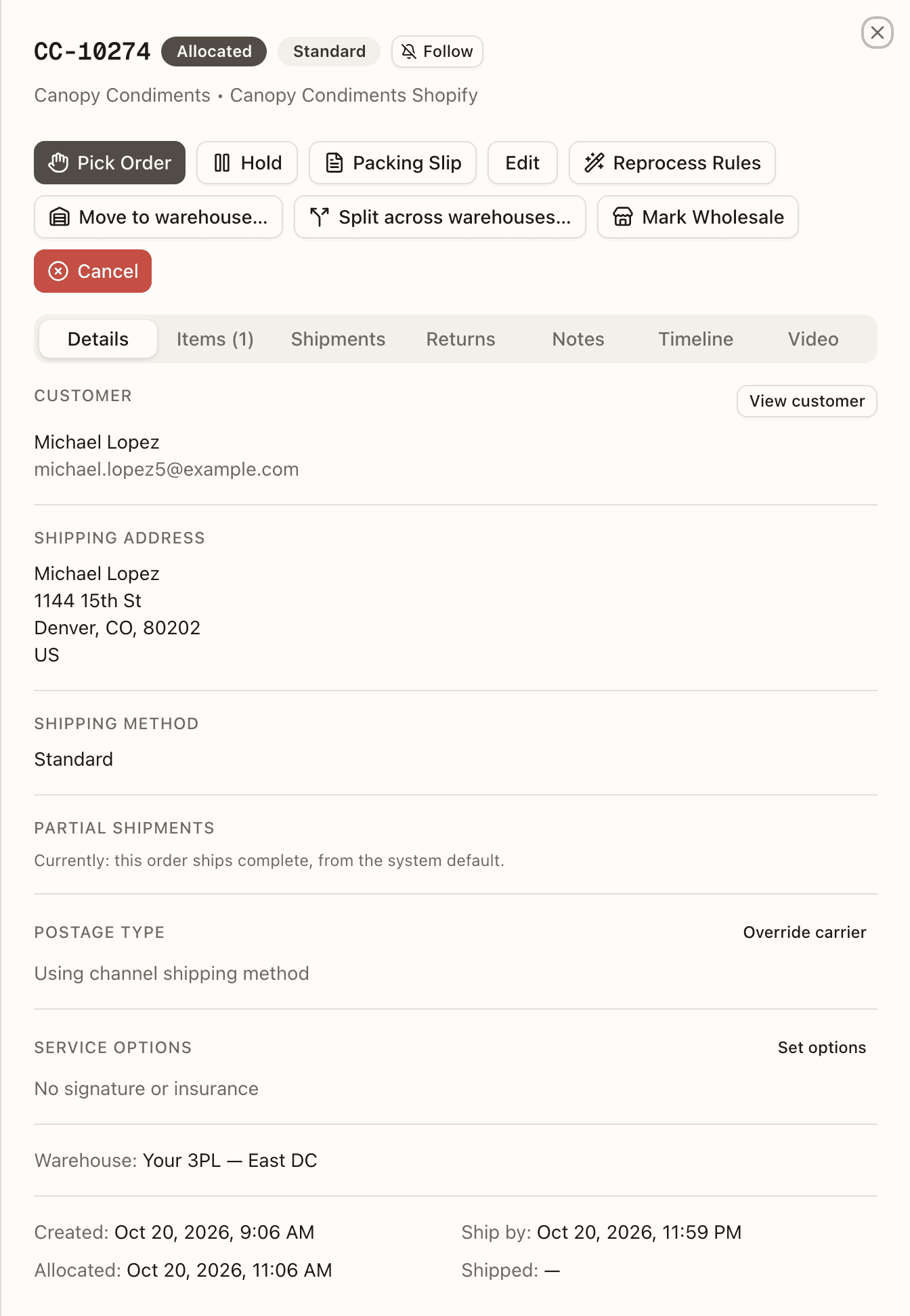 The action bar on an allocated order — Pick Order, Hold, Packing Slip, Edit, Reprocess Rules, Move to warehouse…, Split across warehouses…, Mark Wholesale, Cancel