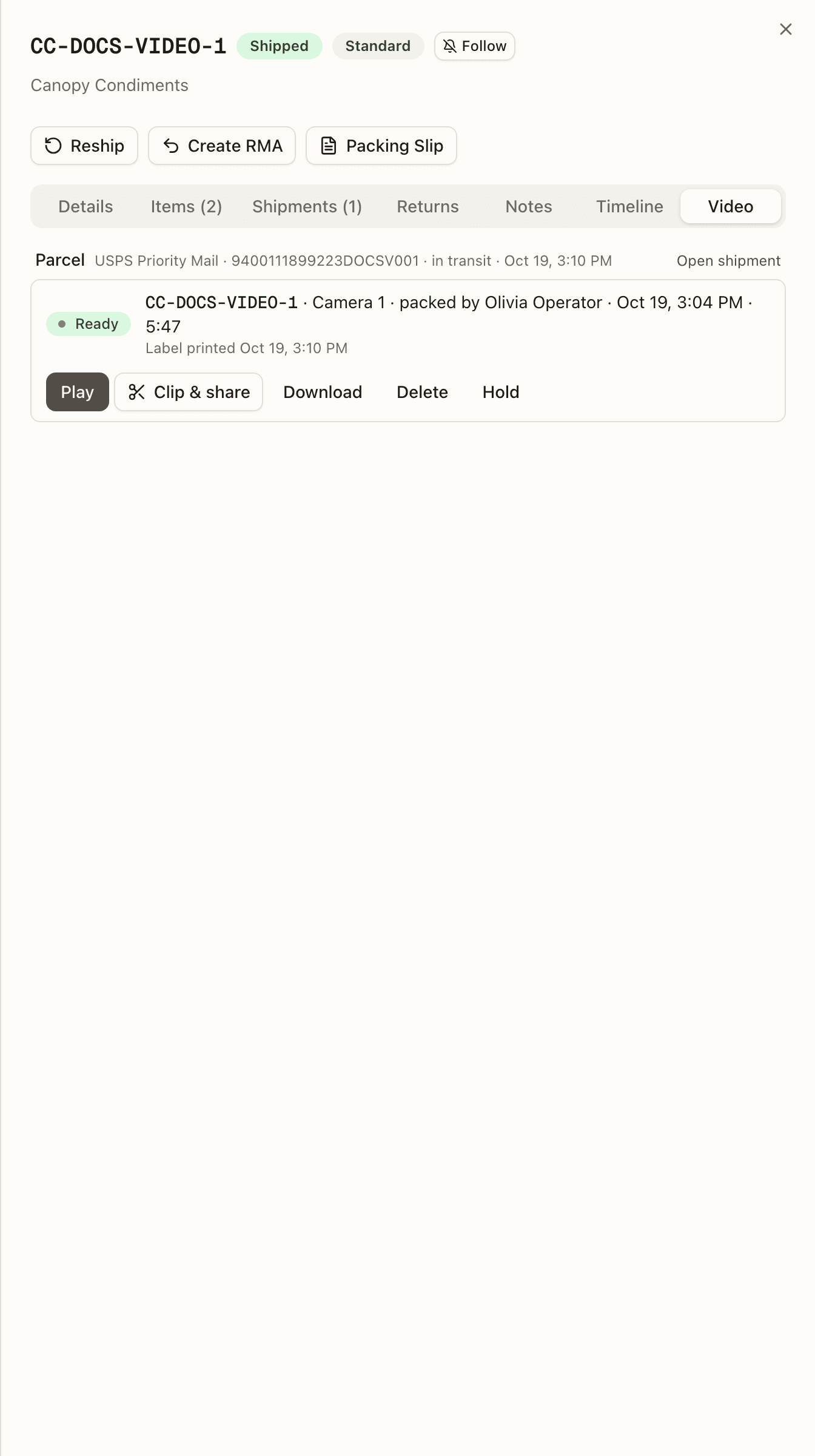 An order's Video tab: one Ready clip under its parcel, with Play, Clip & share, Download, Delete and Hold