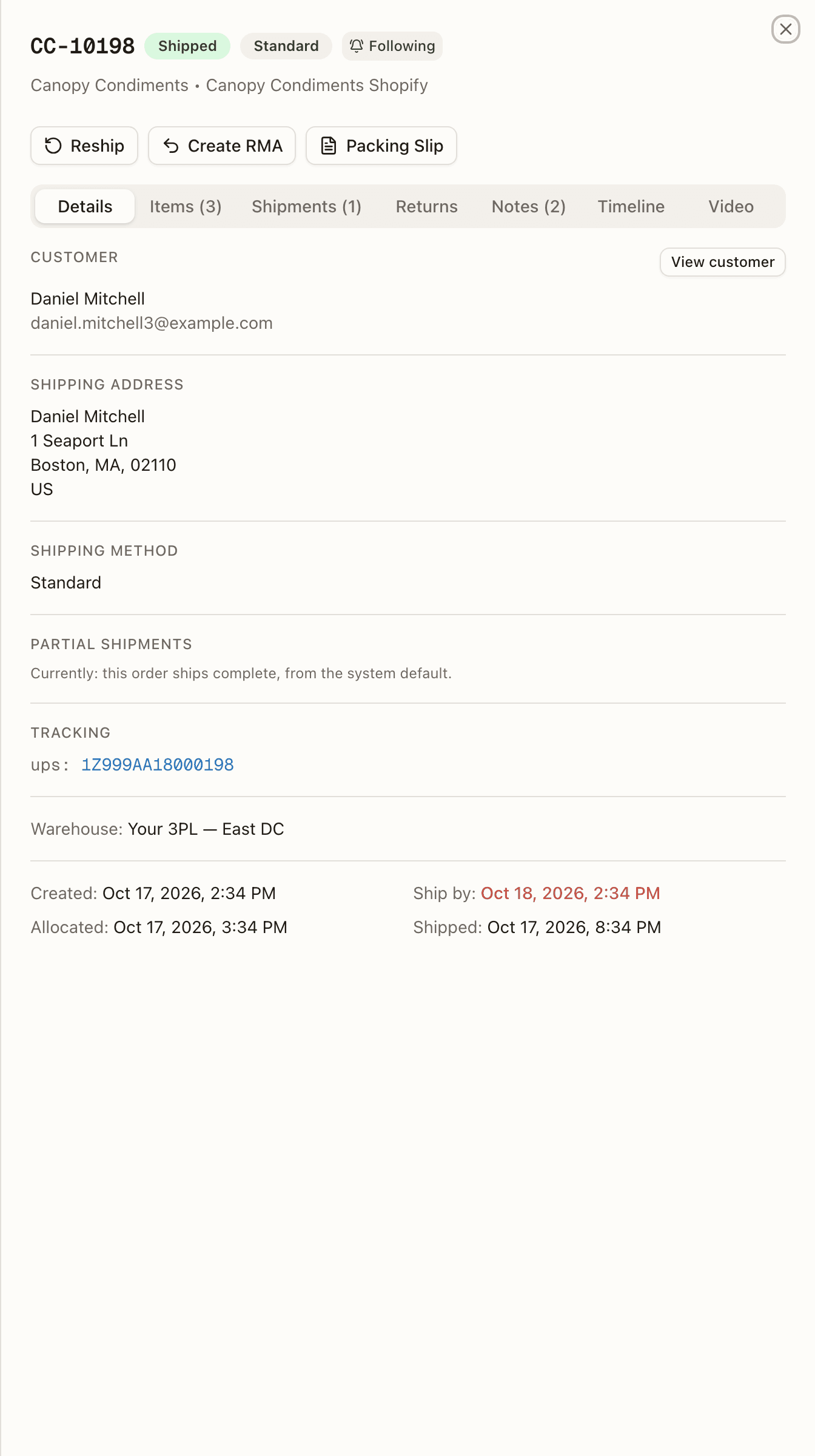 The order detail panel on a shipped order — Reship, Create RMA and Packing Slip in the action bar, seven tabs, the customer block with View customer, tracking, the warehouse it ships from, and the dates row