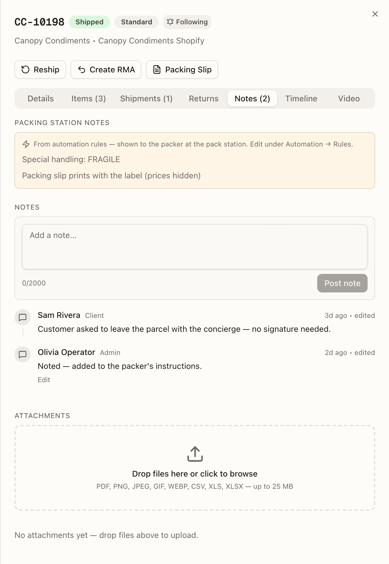 The Notes tab — the note composer, the thread, and attachments