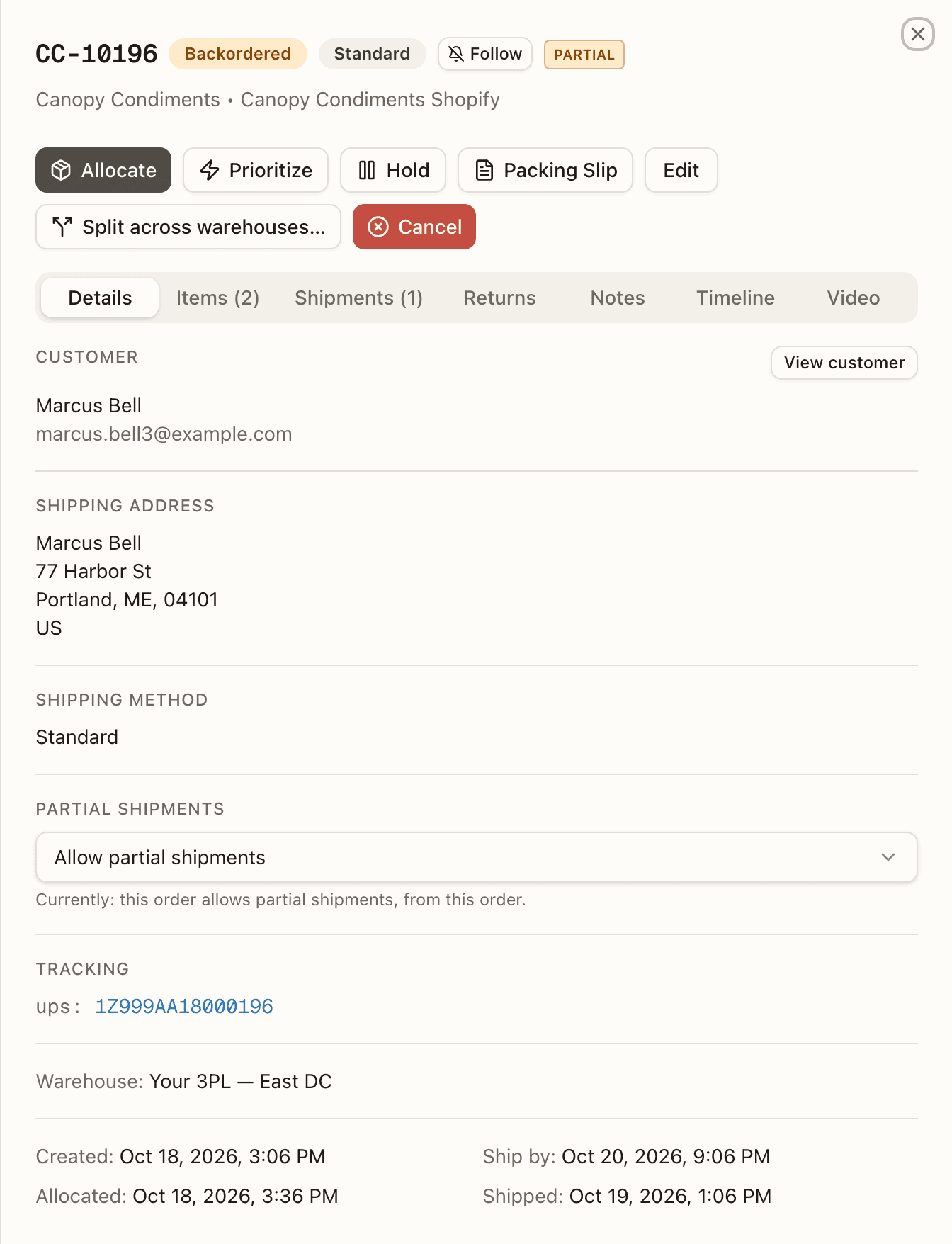 A resting split order — the PARTIAL chip in the header and the Partial shipments control on the Details tab