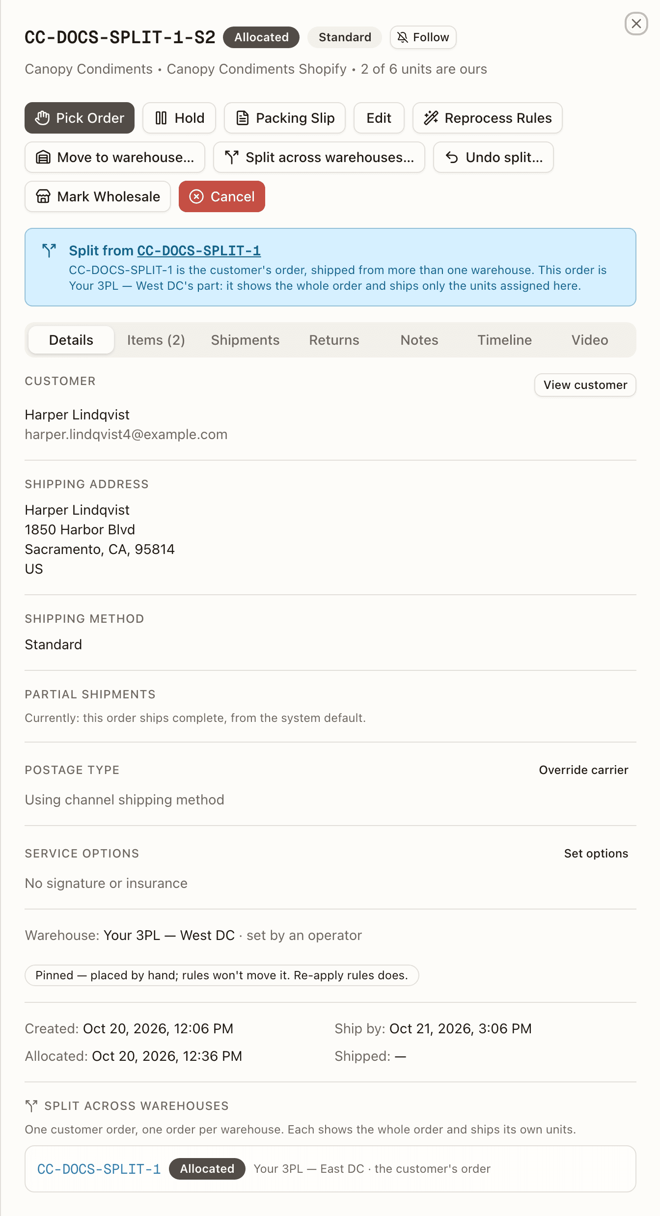 The Details tab of CC-DOCS-SPLIT-1-S2: Warehouse: Your 3PL — West DC · set by an operator, with the Pinned — placed by hand; rules won't move it. Re-apply rules does. badge under it