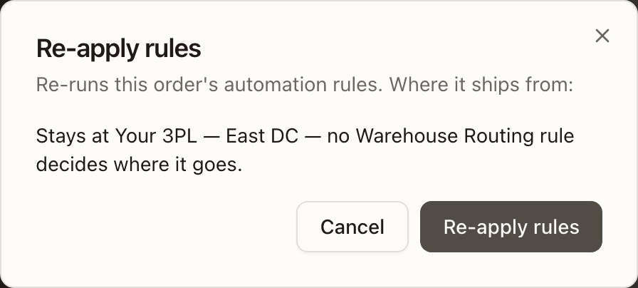 The Re-apply rules dialog reading Stays at Your 3PL — East DC — no Warehouse Routing rule decides where it goes, with Cancel and Re-apply rules