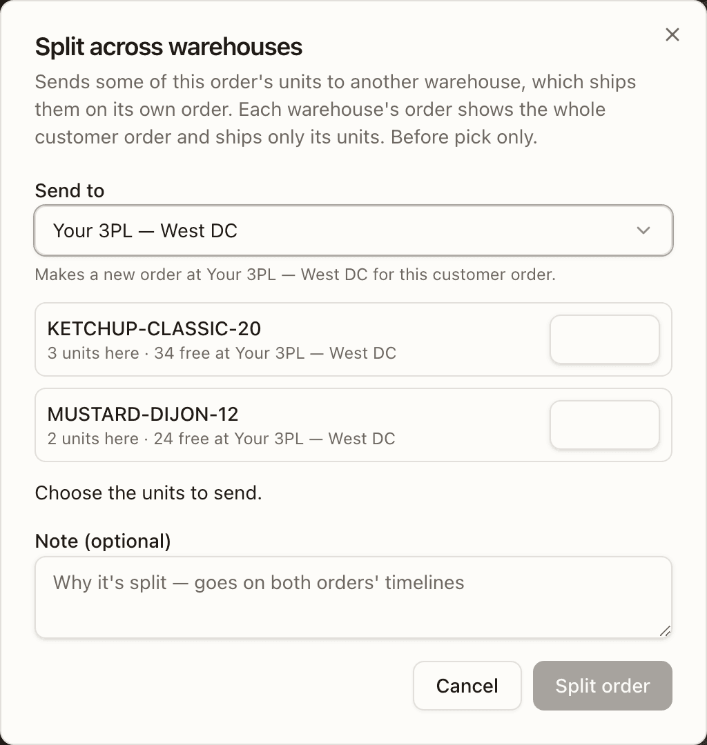 The Split across warehouses dialog on an allocated order — Send to chosen, the units of each line to send, the note, and the Sends 2 units to … line above Split order