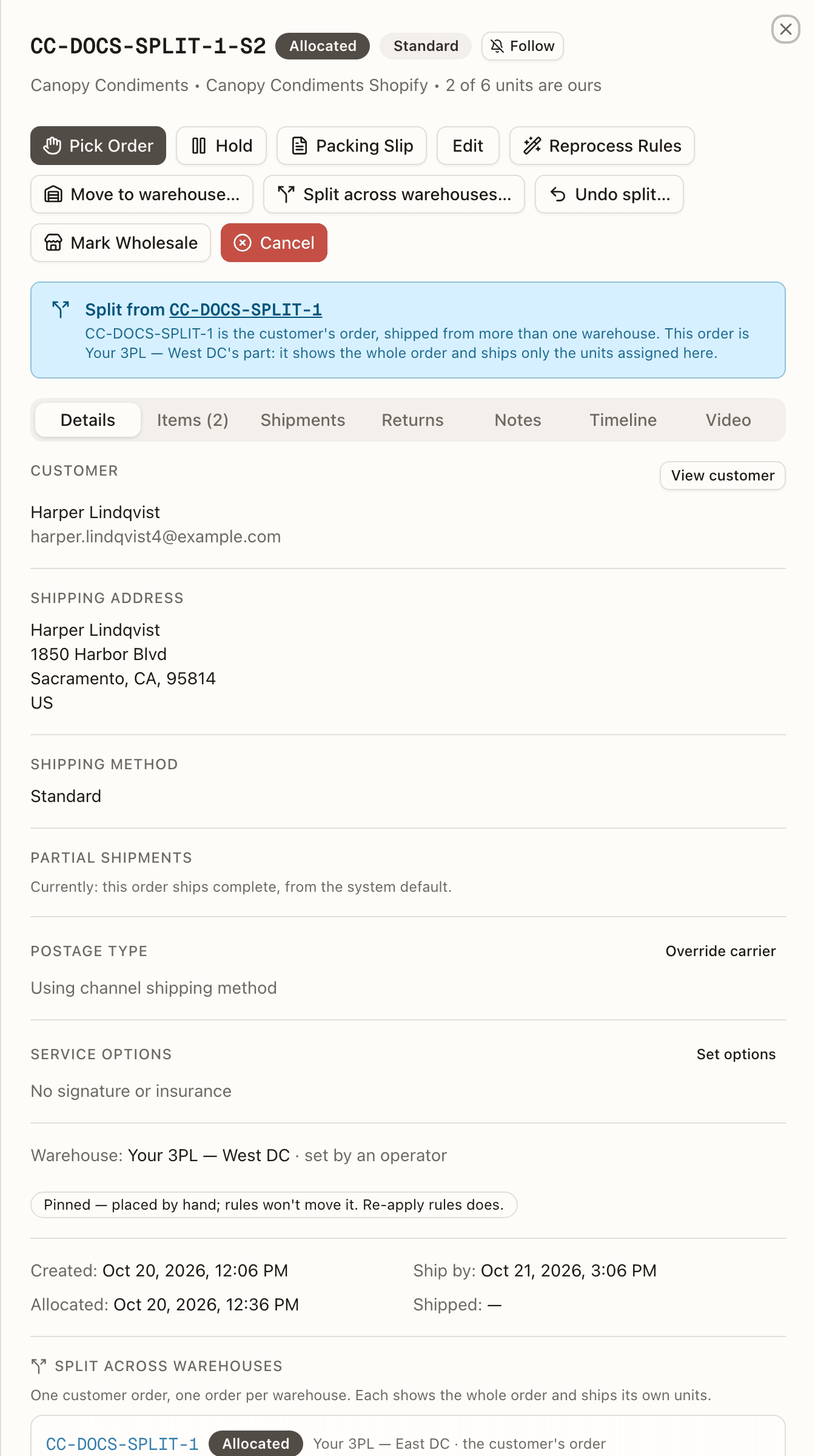 A warehouse's order of a customer order split across warehouses — the Split from banner above the tabs, Undo split… in the action bar, and the Split across warehouses section on the Details tab