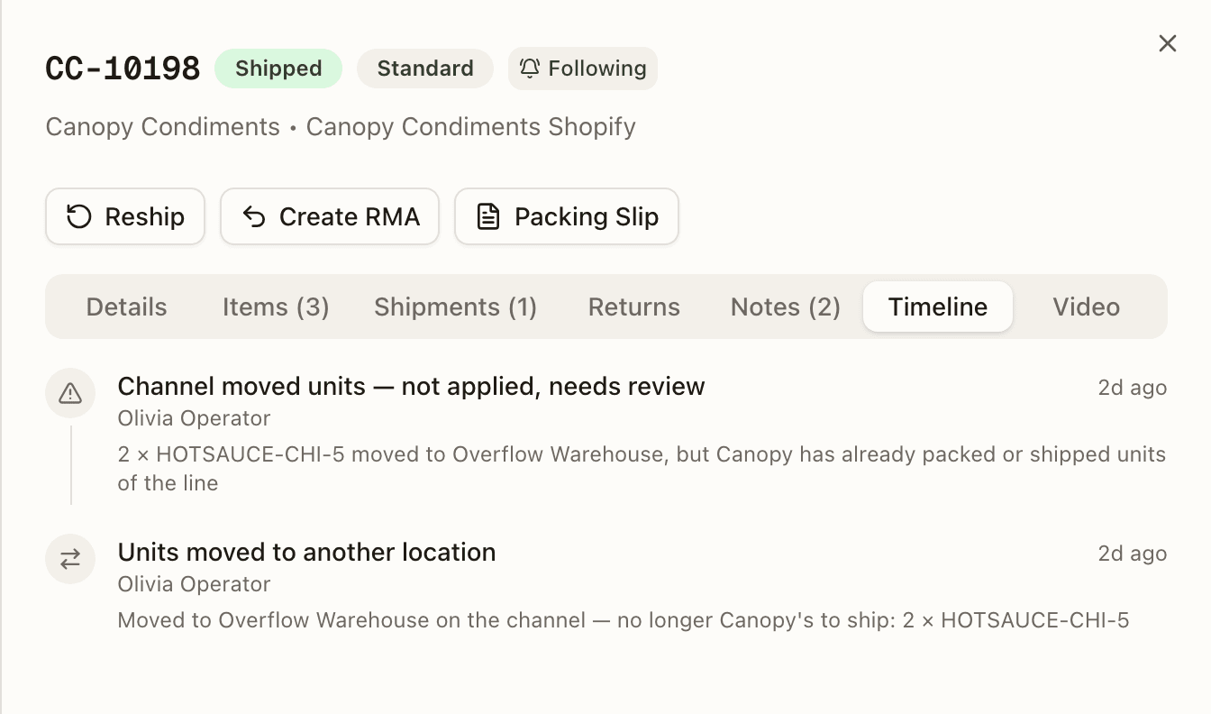 The Timeline tab of the shipped order — Units moved to another location, then Channel moved units — not applied, needs review