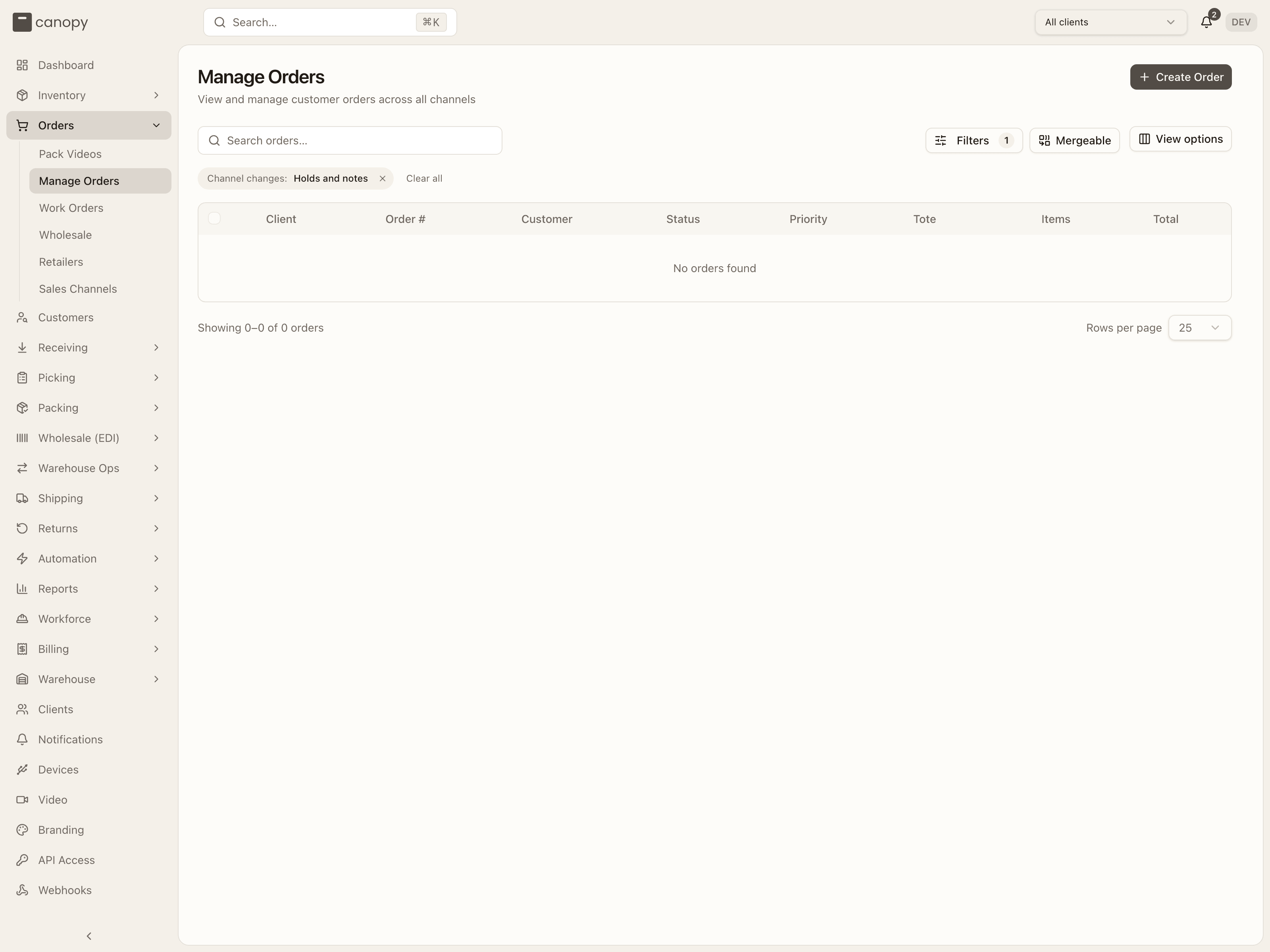 The Channel changes filter chip reading Holds and notes above the orders table